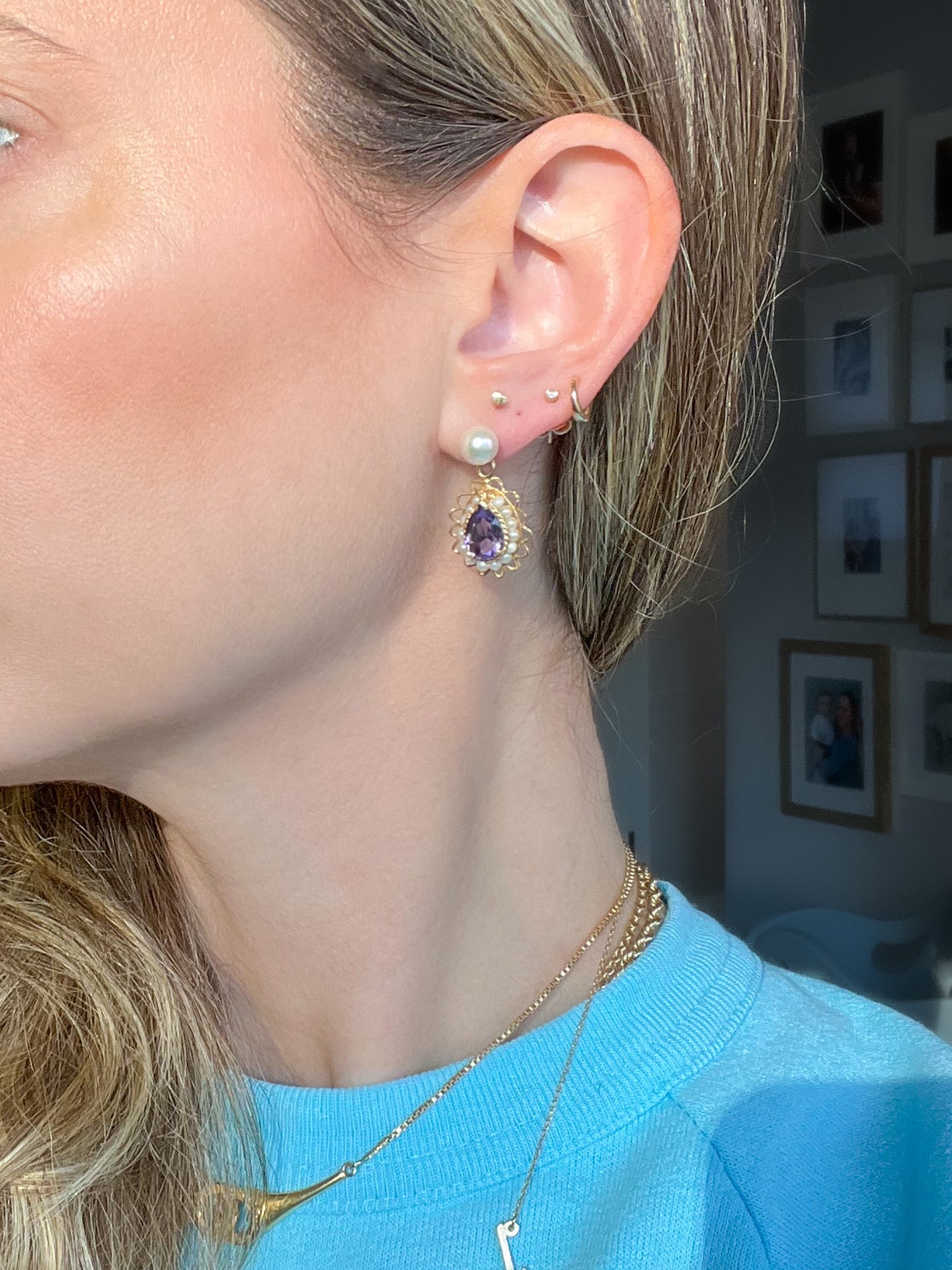 Vintage Natural Amethyst and Natural Pearl 14k Yellow Gold Stud Drop Earrings