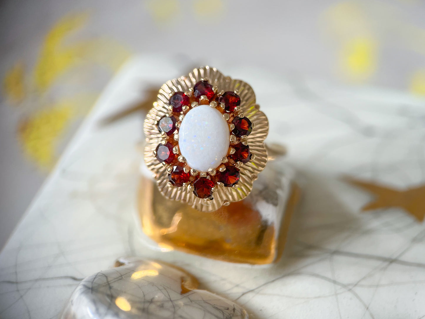 Vintage Natural Opal and Garnet 10k Yellow Gold Siffari Ring