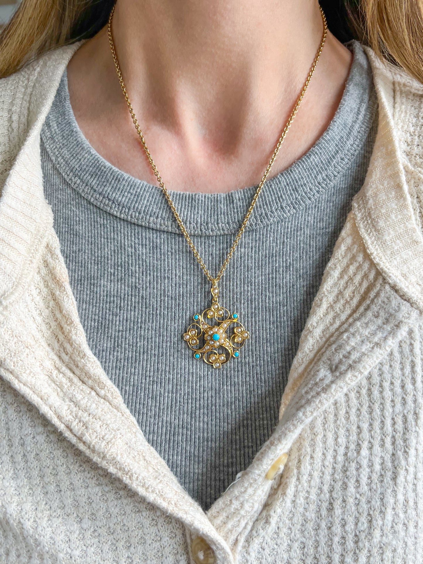 Vintage Turquoise and Pearl Pendant 14k Yellow Gold Charm