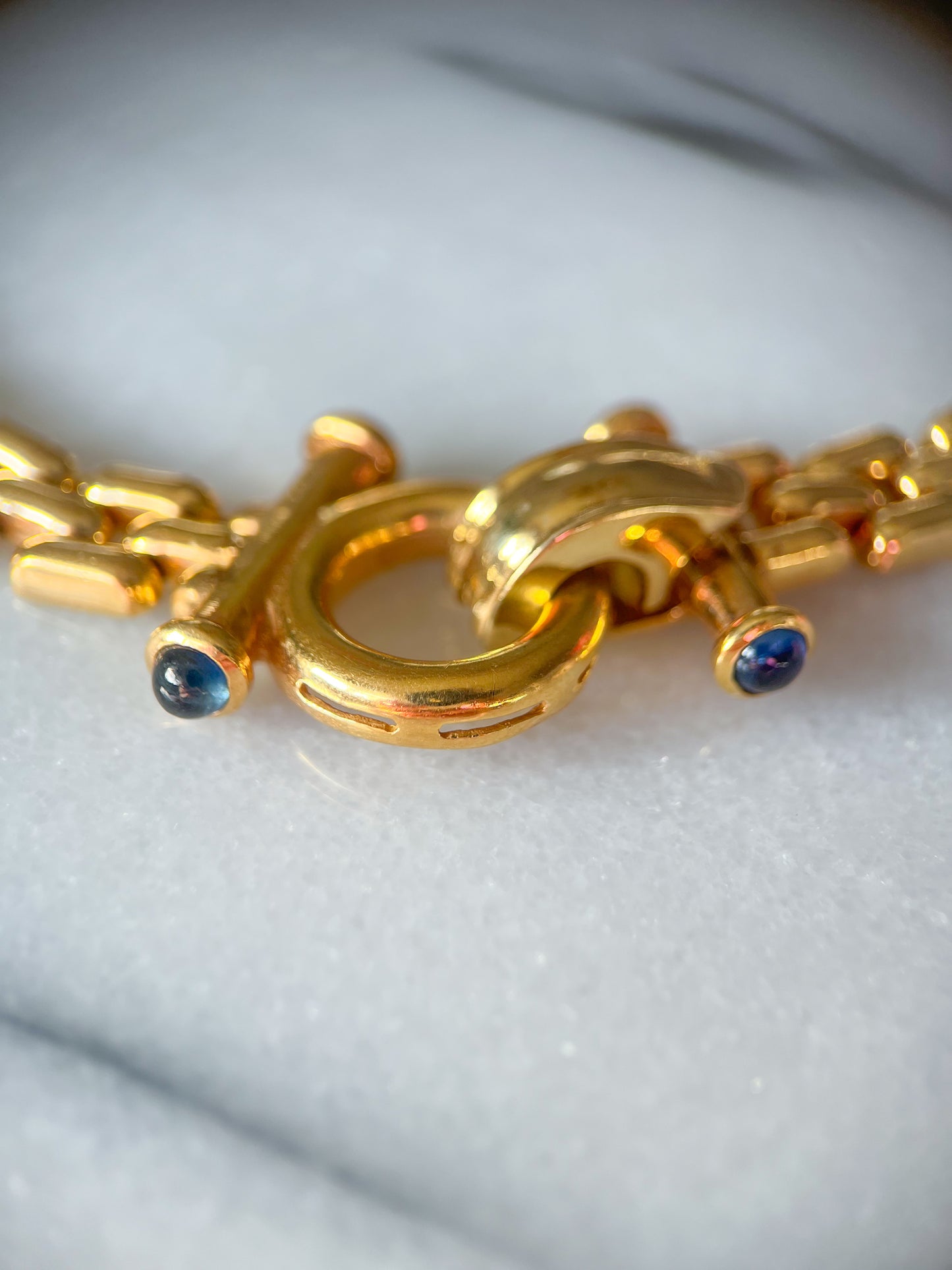 Vintage Panther Link 14k Yellow Gold Necklace with Sapphire Cabochon Toggle