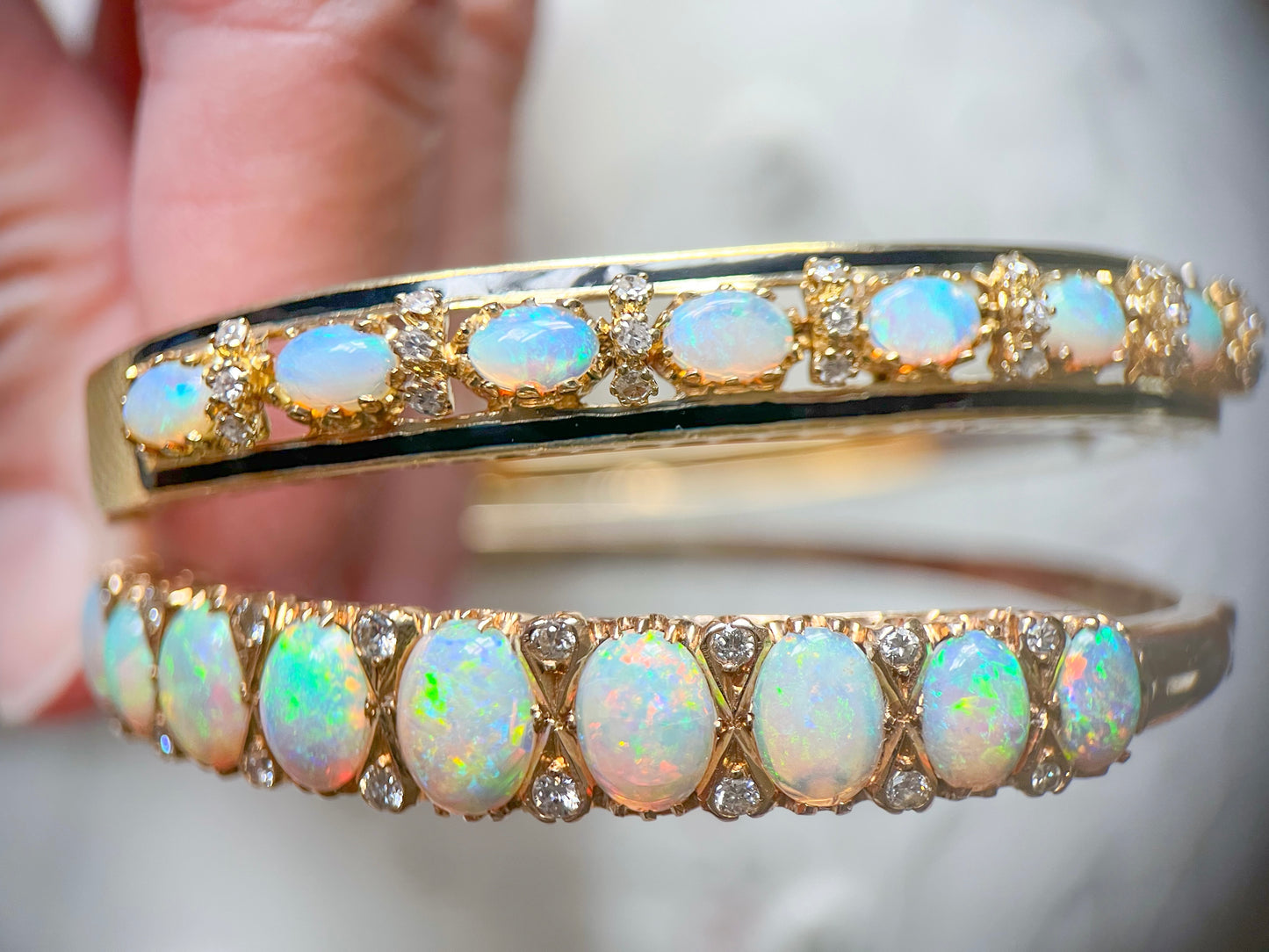 Vintage Opal, Natural Diamond and Enamel 14k Yellow Gold Bangle