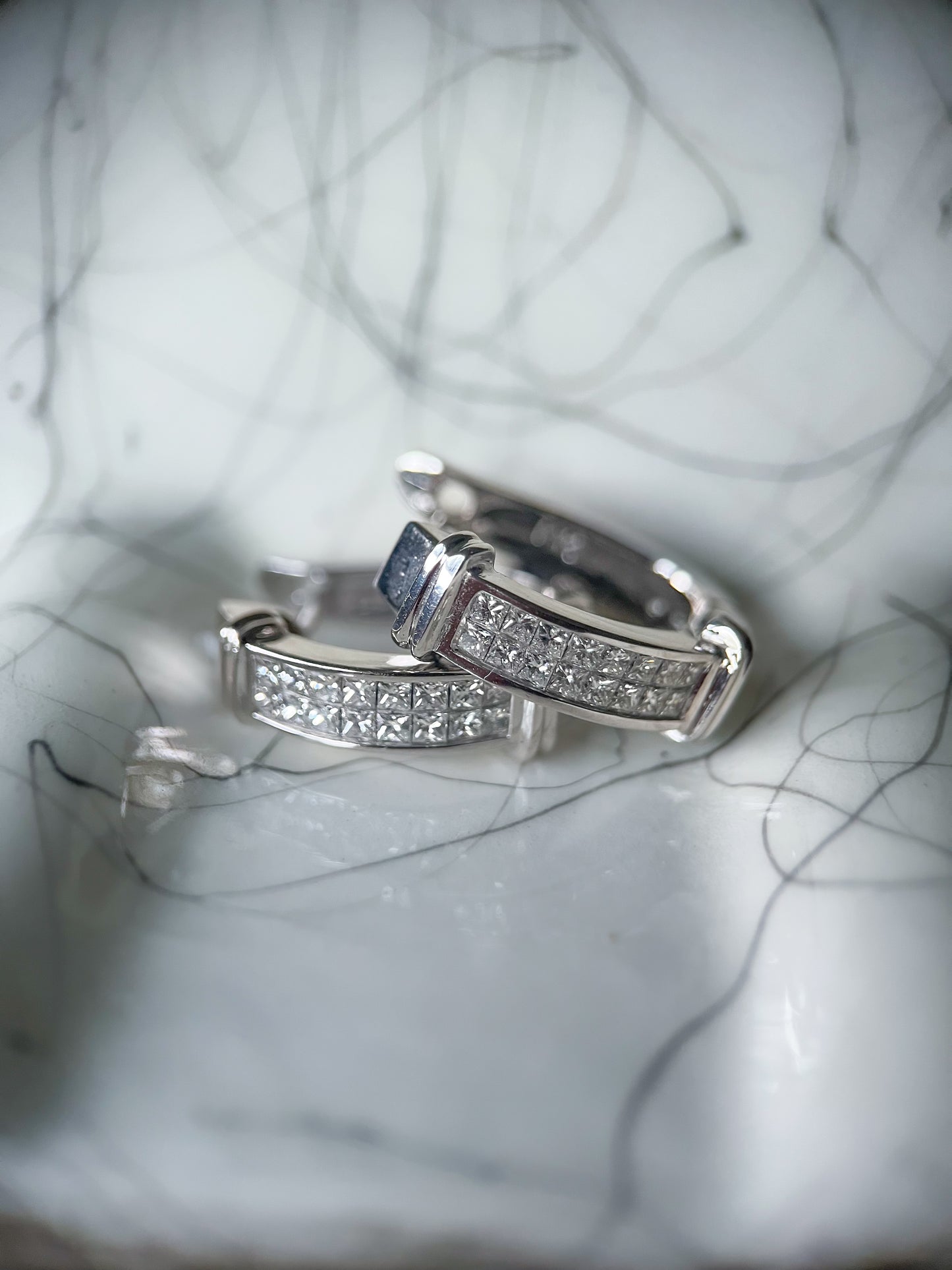 Natural Princess Cut Diamond 14k White Gold Half Hoop Earrings
