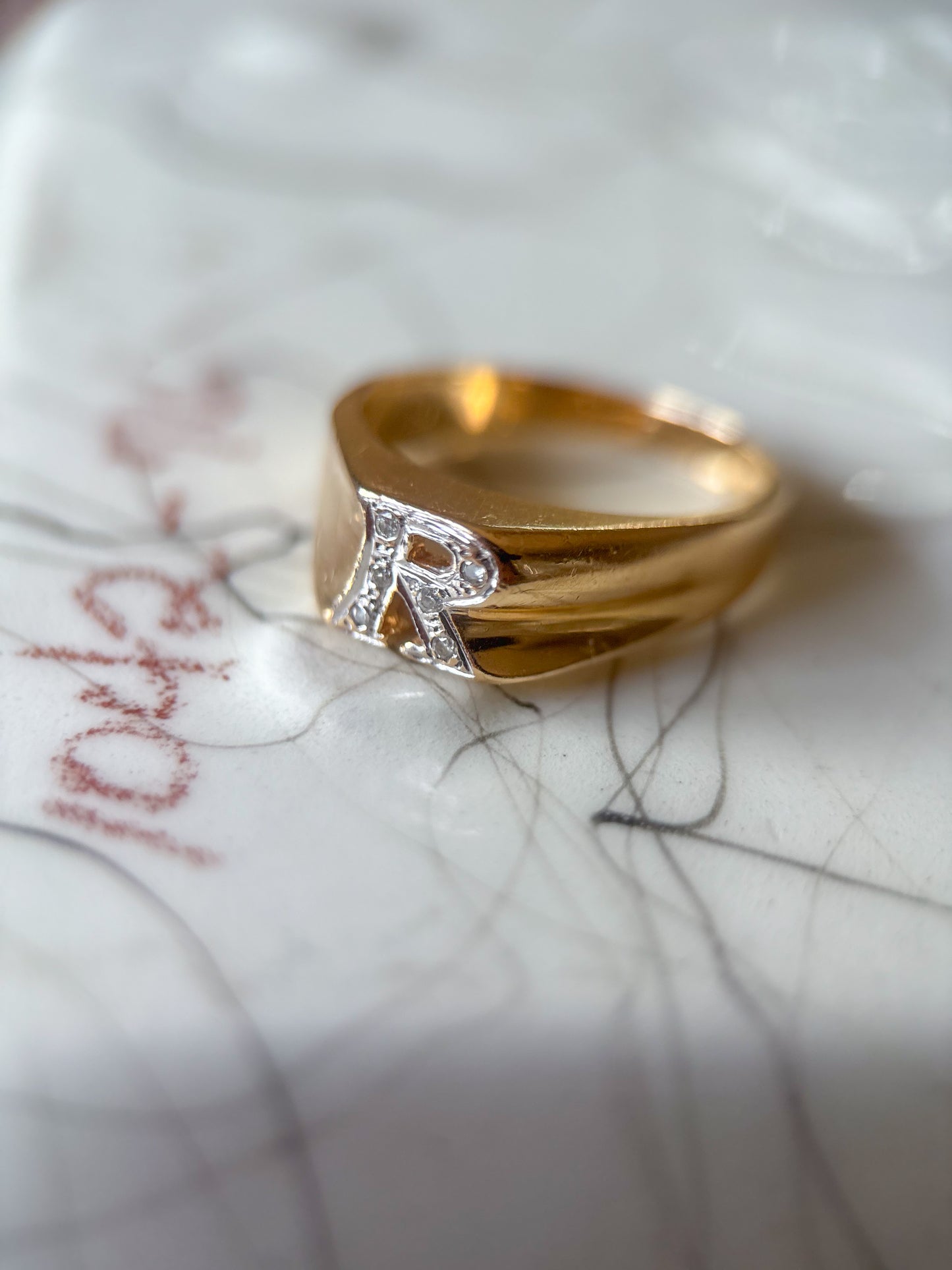 Vintage Chunky Natural Diamond Letter "R" 14k Yellow Gold Ring