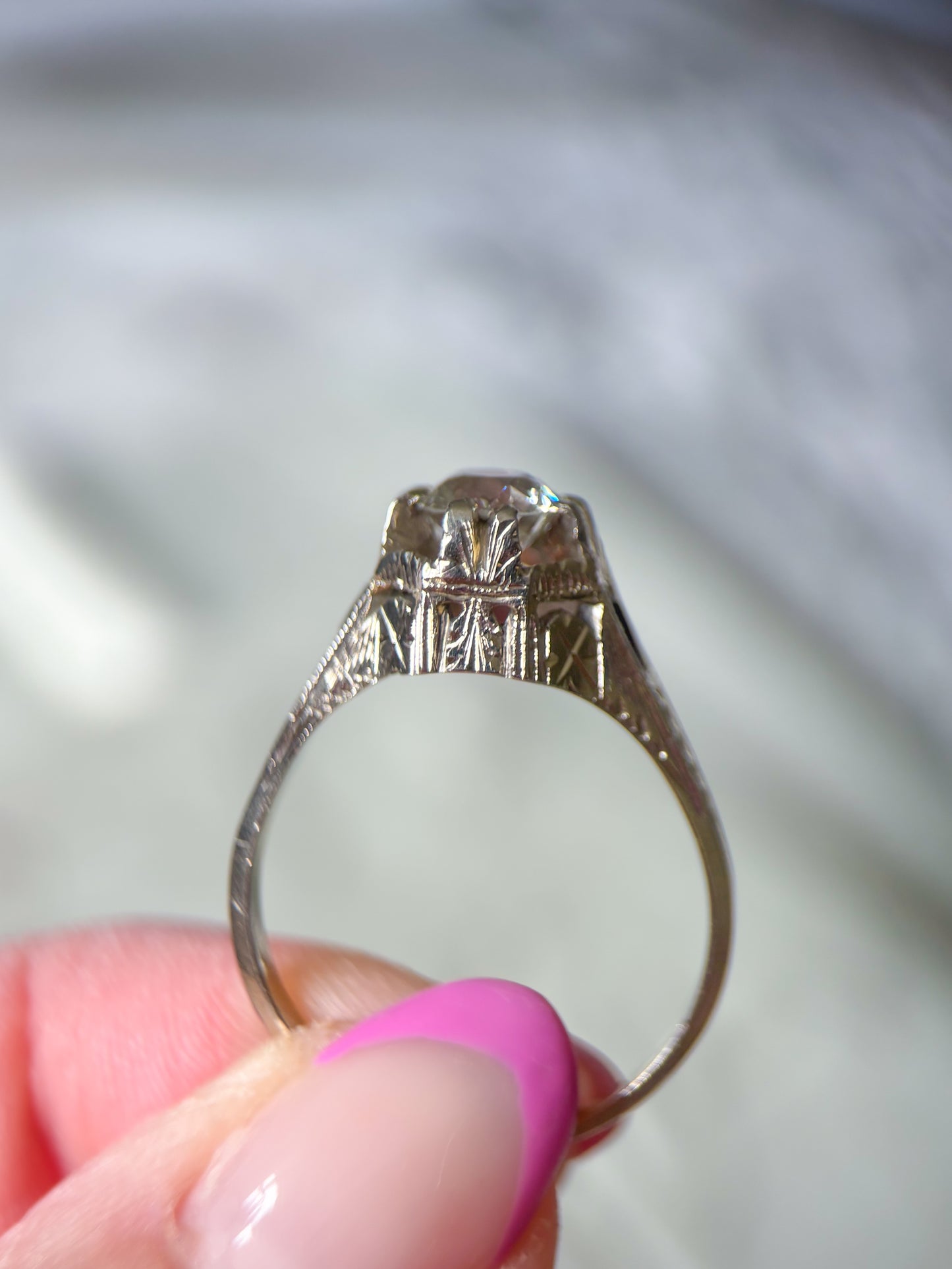 Vintage Natural Old Miner Diamond and Natural Sapphire 18k White Gold Ring