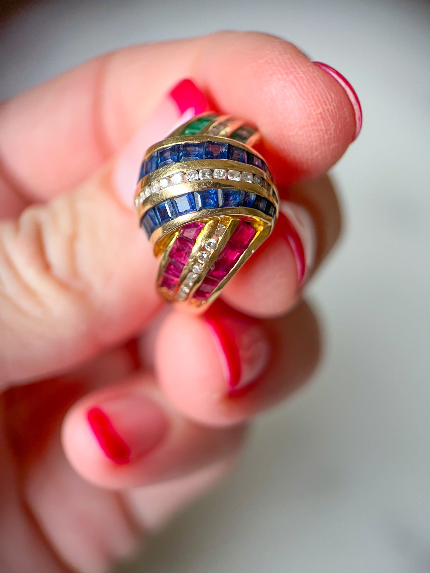 Vintage 14k Yellow Gold Natural Sapphire, Ruby, Emerald and Diamond Ring, circa 1990s