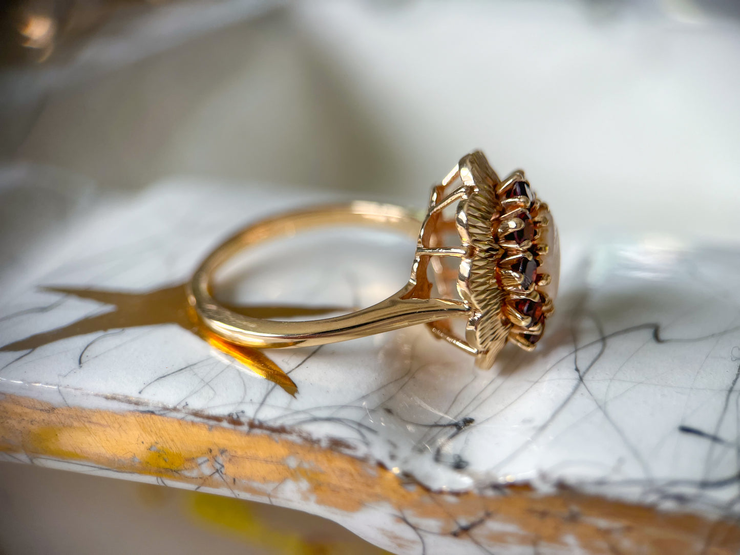 Vintage Natural Opal and Garnet 10k Yellow Gold Siffari Ring