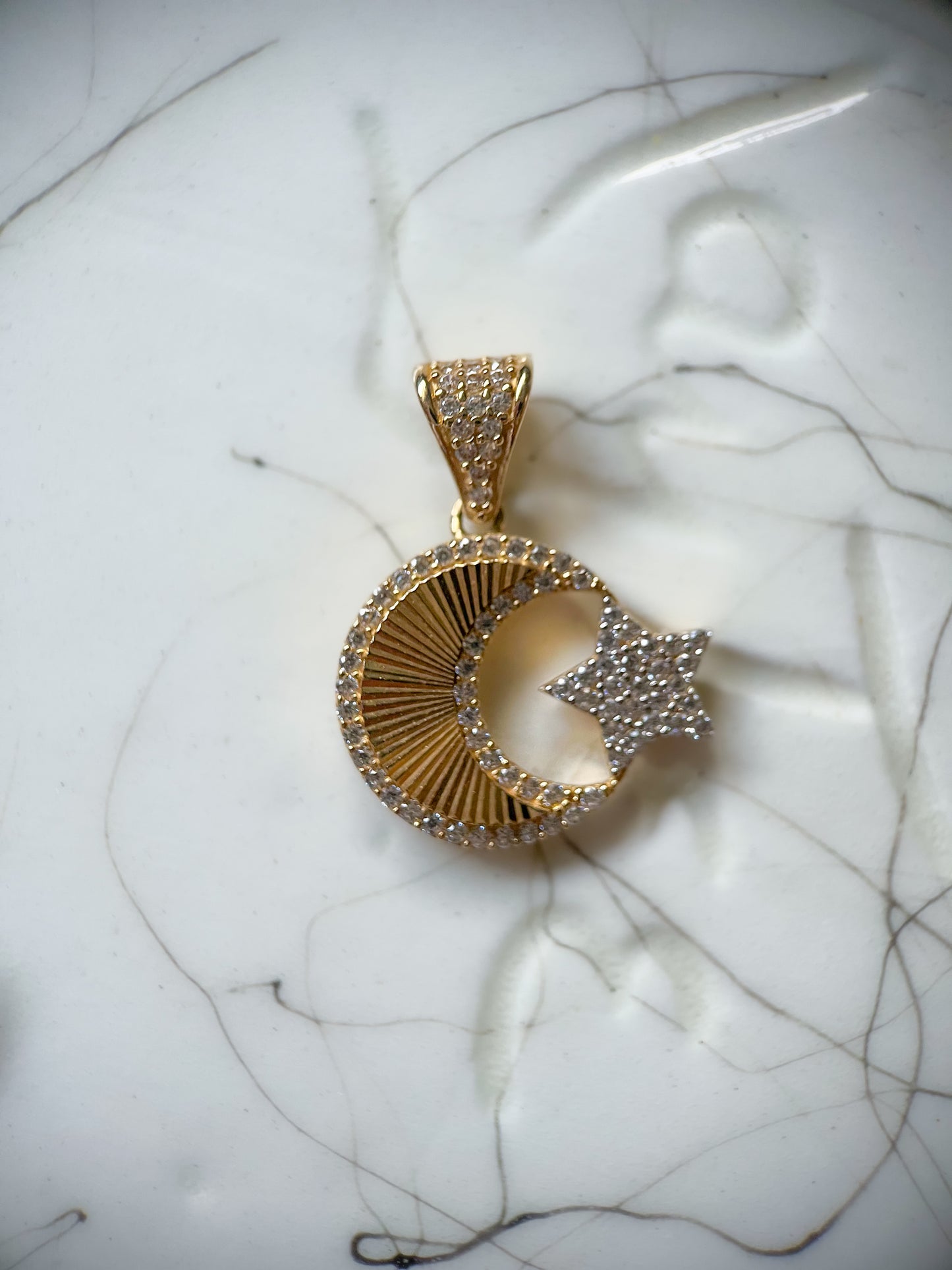 Small Moon and Star CZ 10k Yellow Gold Charm