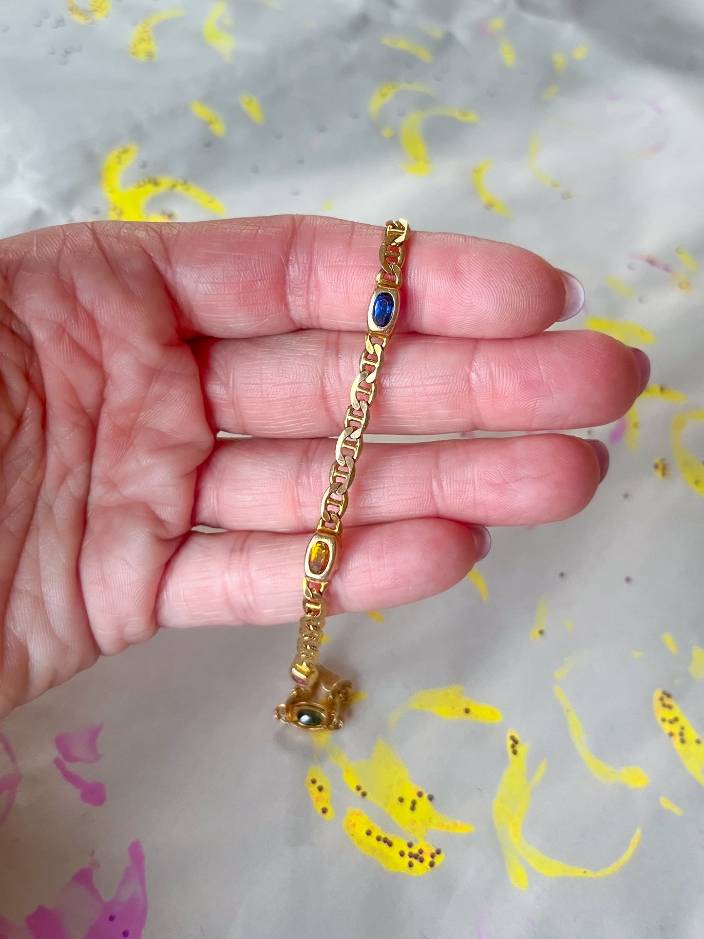 Vintage Multi Gemstone (Synthetic) 14k Yellow Gold Mariner Chain 8 Inch Bracelet