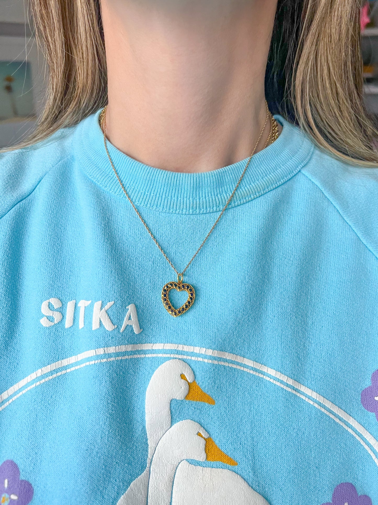 Vintage Natural Sapphire Open Heart 18k Yellow Gold Charm, Circa 1990's