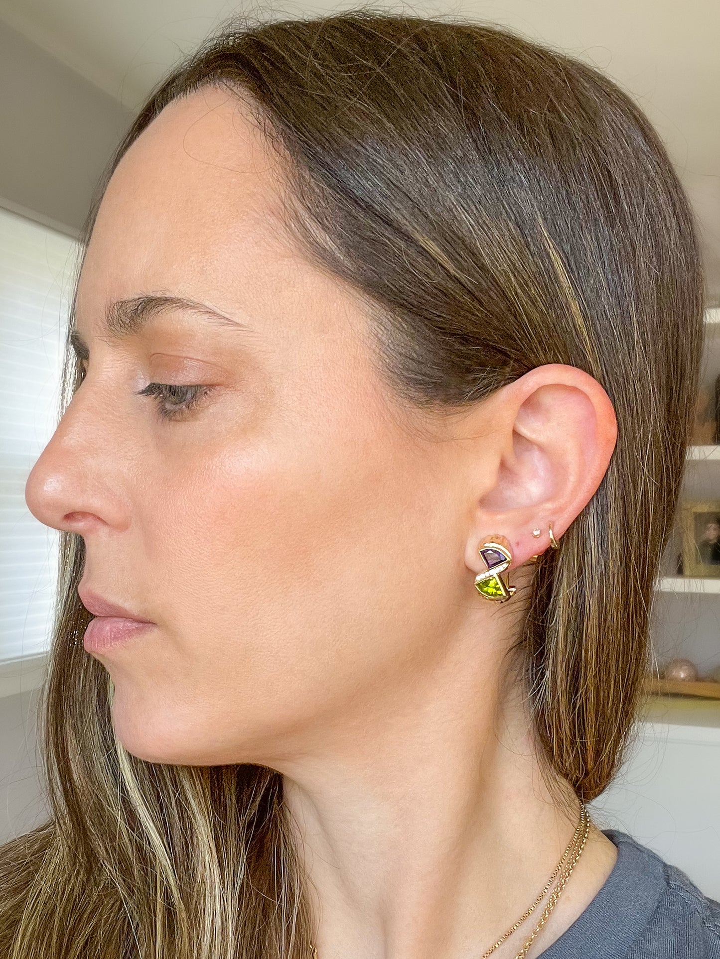 Vintage Natural Amethyst, Peridot and Diamond 14k Yellow Gold Earrings, circa 1980s