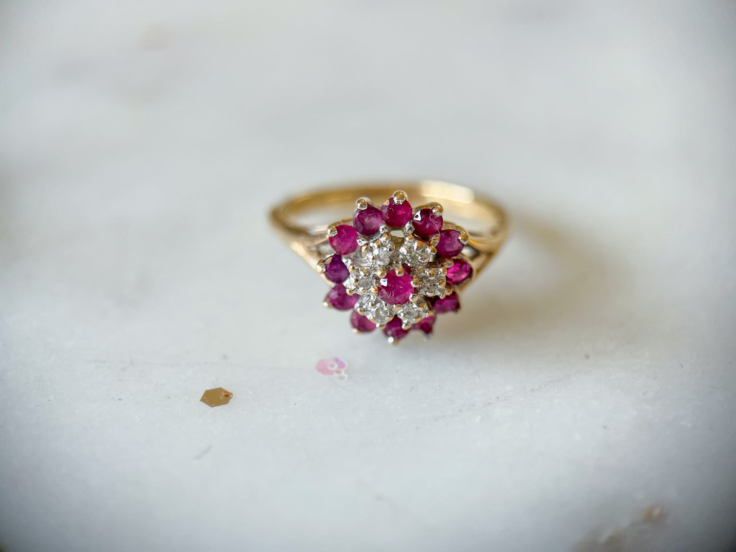 Vintage Natural Ruby and Natural Diamond Cluster 14k Yellow Gold Ring