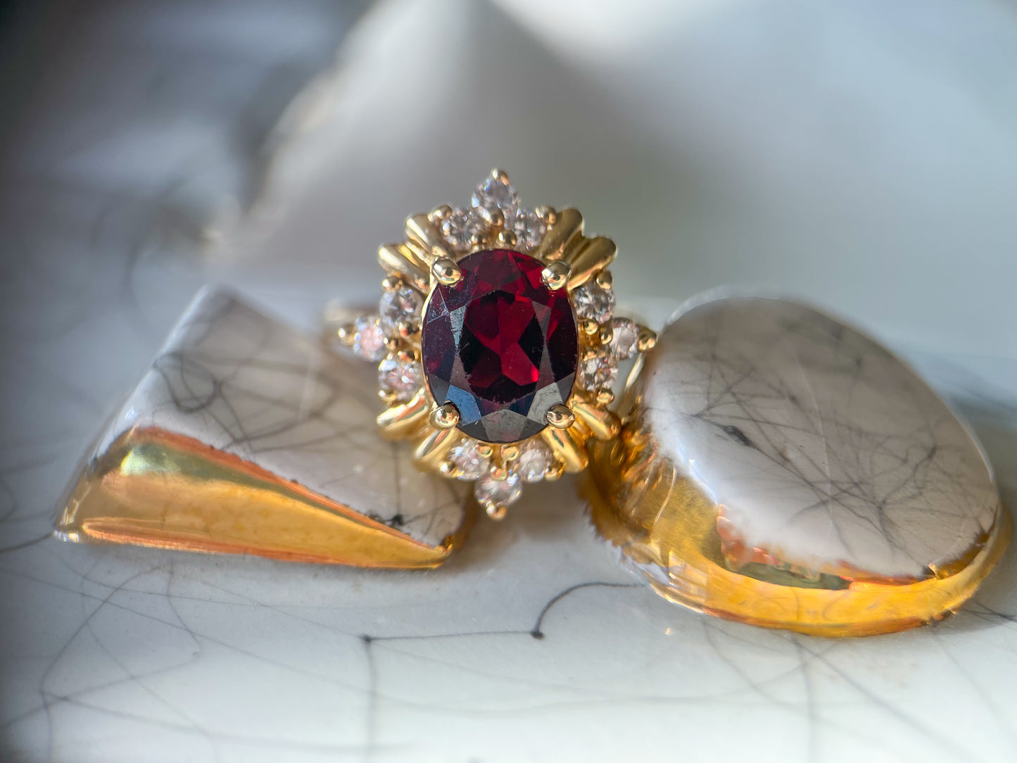 Vintage Natural Oval Garnet and Diamond 14k Yellow Gold Ring