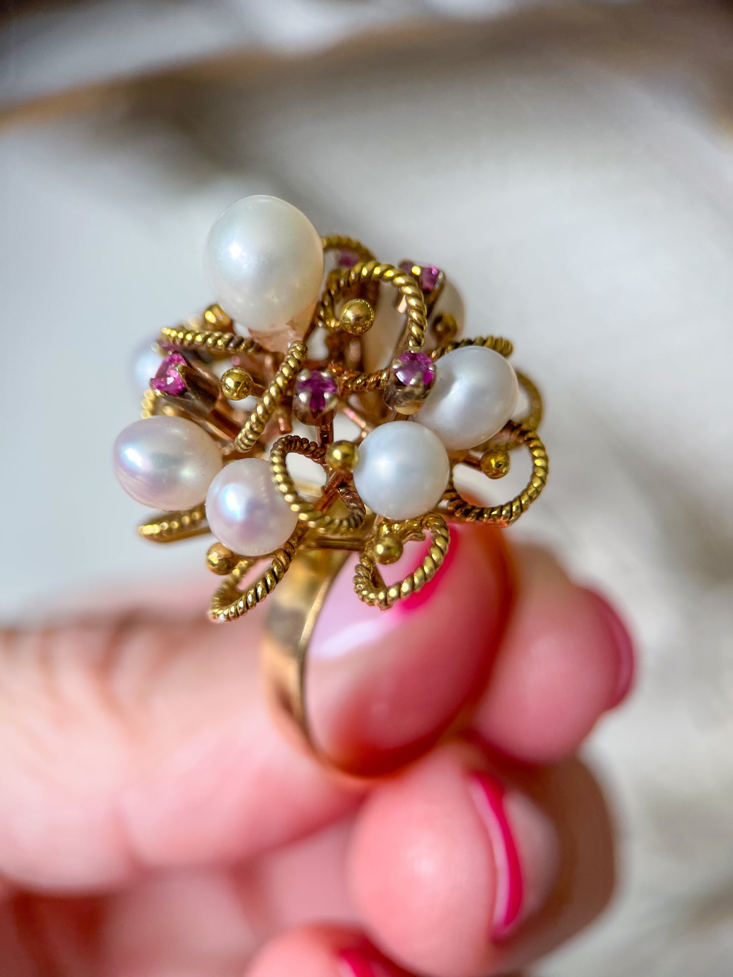 Vintage Cocktail Ring with Pearls and Rubies set in 14k Yellow Gold