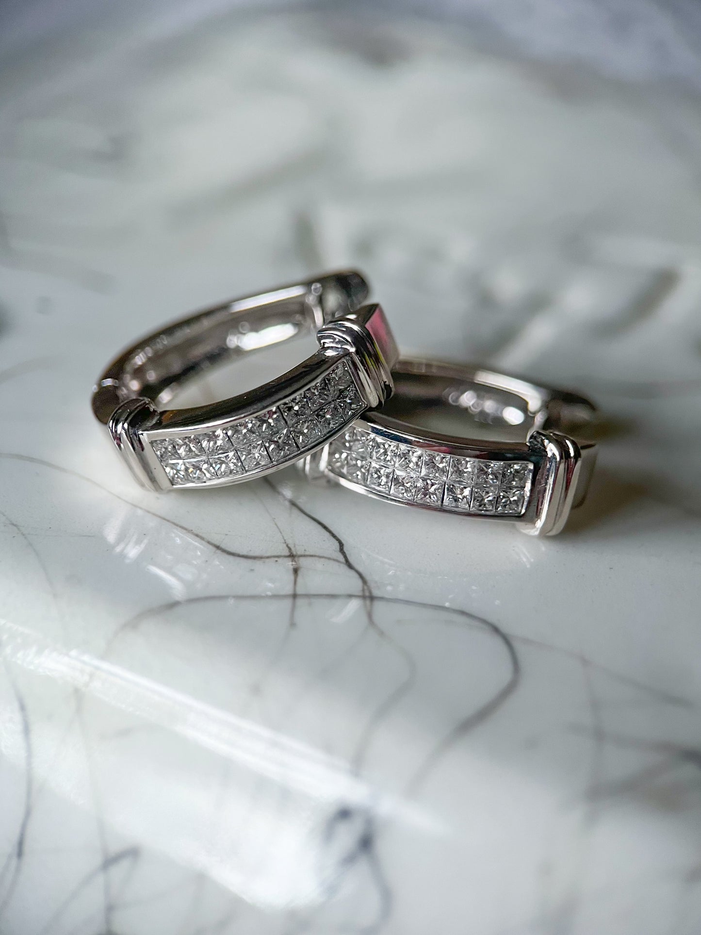 Natural Princess Cut Diamond 14k White Gold Half Hoop Earrings