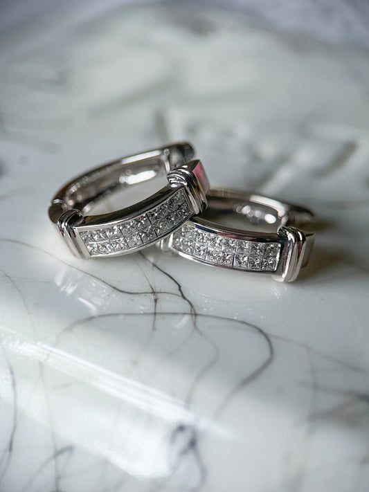 Natural Princess Cut Diamond 14k White Gold Half Hoop Earrings
