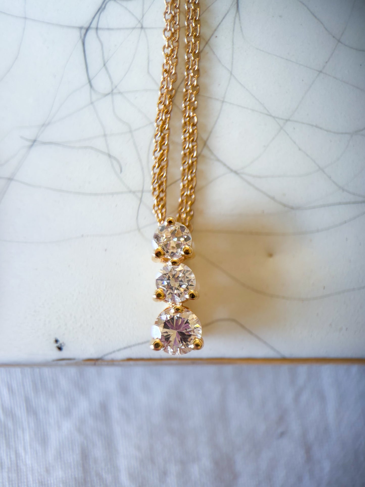 Vintage Natural Diamond Three Stone Drop Pendant with 14k Yellow Gold Attached 17 Inch Chain