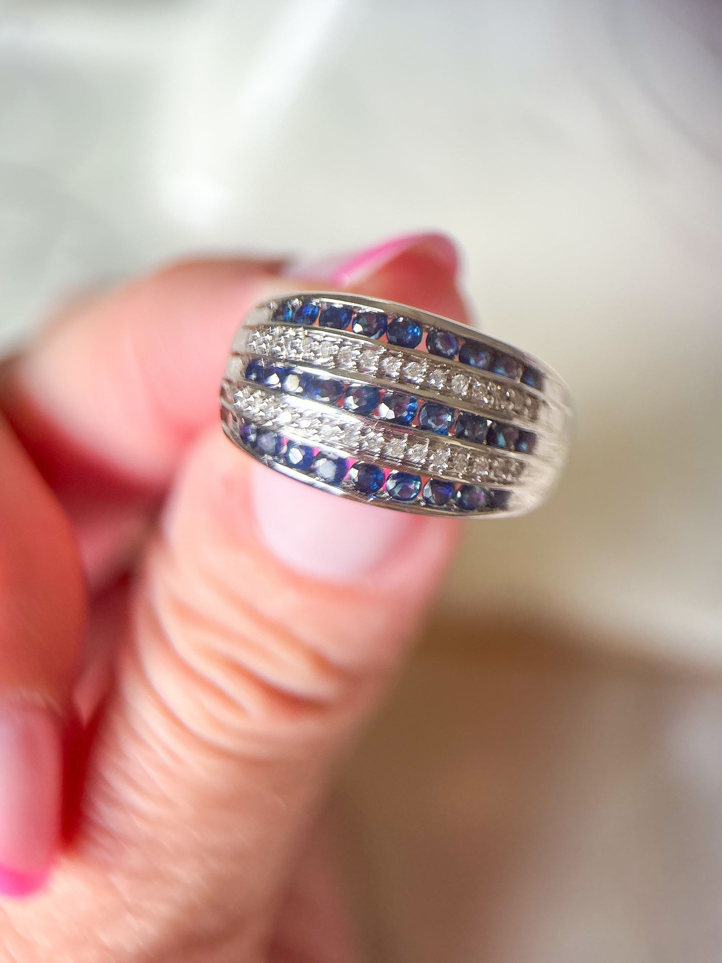 Vintage Chunky Natural Diamond and Natural Sapphire 14k White Gold Ring