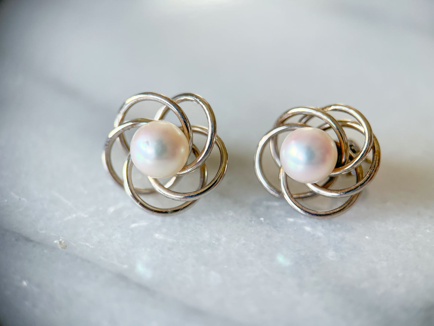 Vintage Pearl and Knot 14k White Gold Stud Earrings