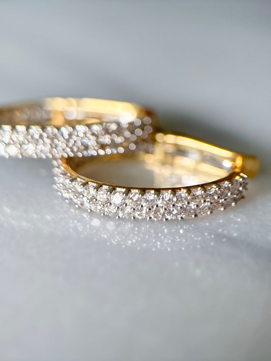 Natural Diamond Two Row Oval Hoop 14k Yellow Gold Earrings