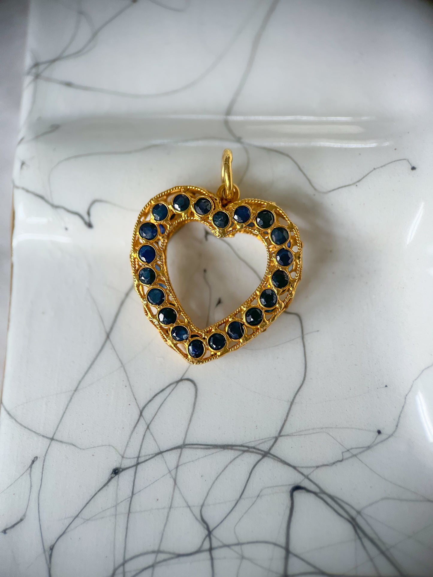 Vintage Natural Sapphire Open Heart 18k Yellow Gold Charm, Circa 1990's