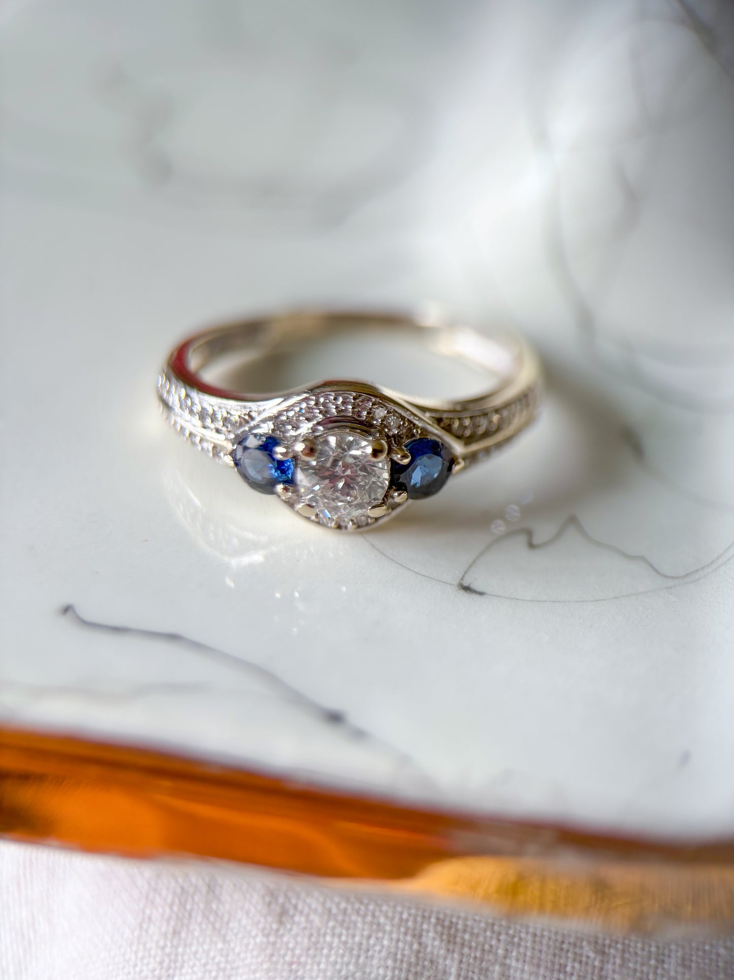 Vintage Natural Diamond and Natural Sapphire 14k White Gold Ring