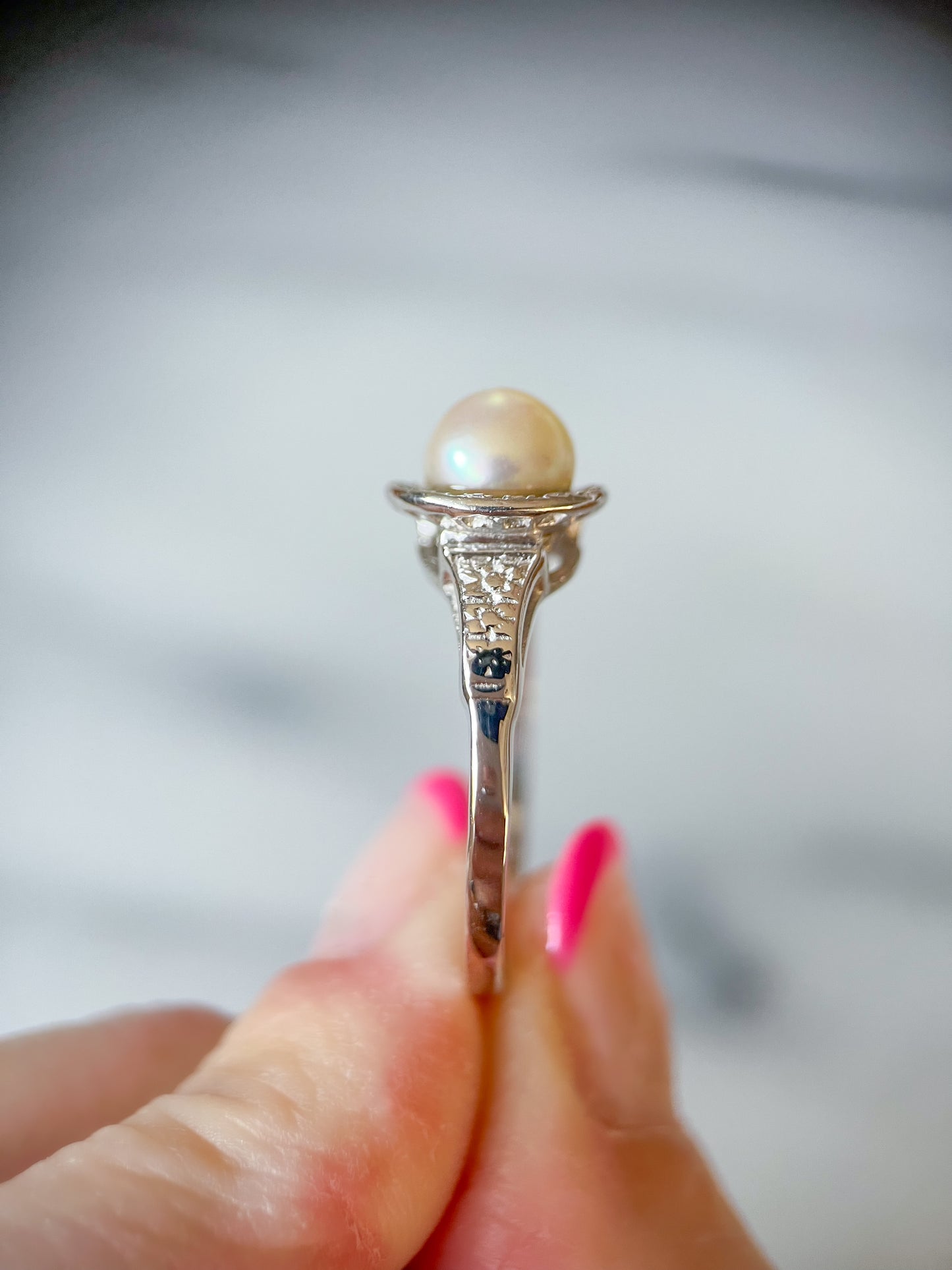 Vintage Natural Pearl and Natural Diamond 14k White Gold Statement Ring