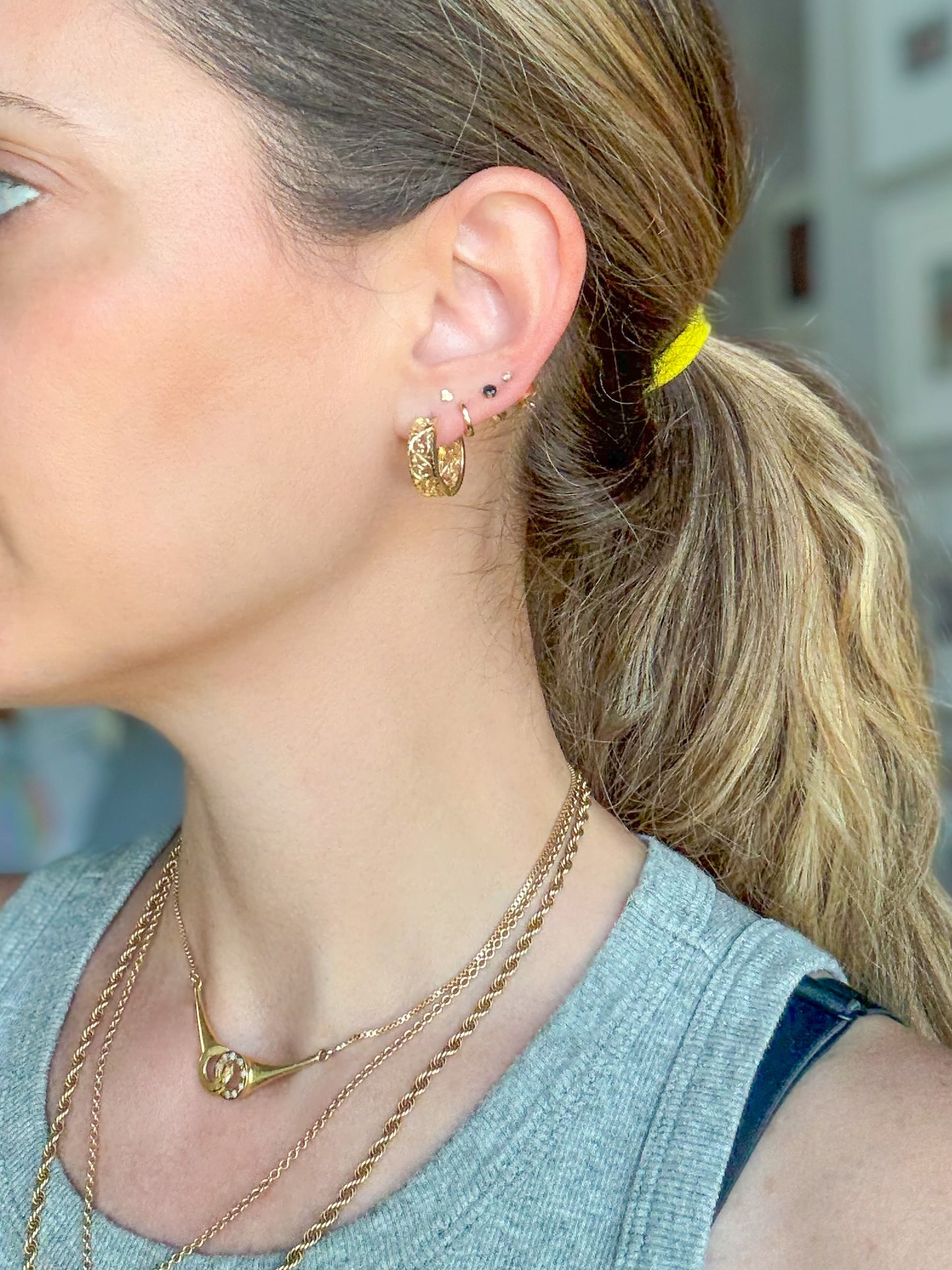 Vintage Filigree Huggies 14k Yellow Gold Earrings