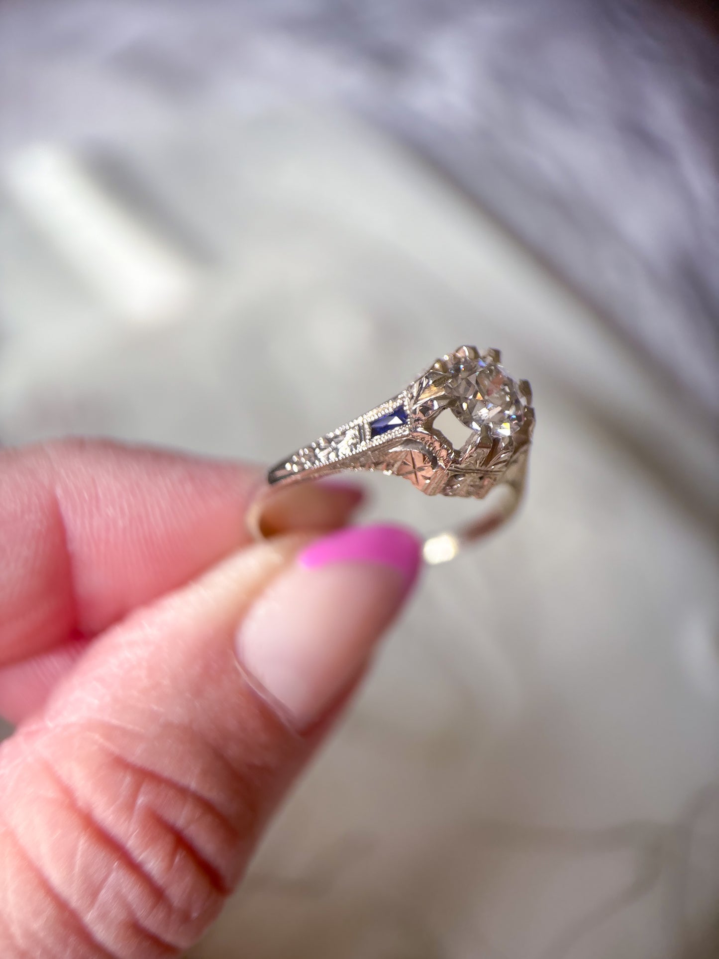 Vintage Natural Old Miner Diamond and Natural Sapphire 18k White Gold Ring