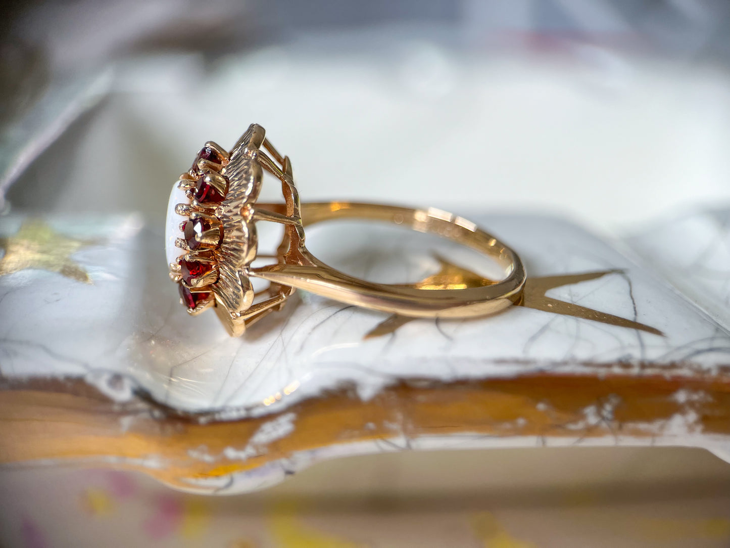 Vintage Natural Opal and Garnet 10k Yellow Gold Siffari Ring