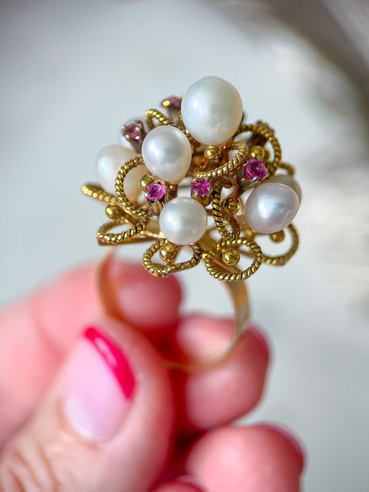 Vintage Cocktail Ring with Pearls and Rubies set in 14k Yellow Gold