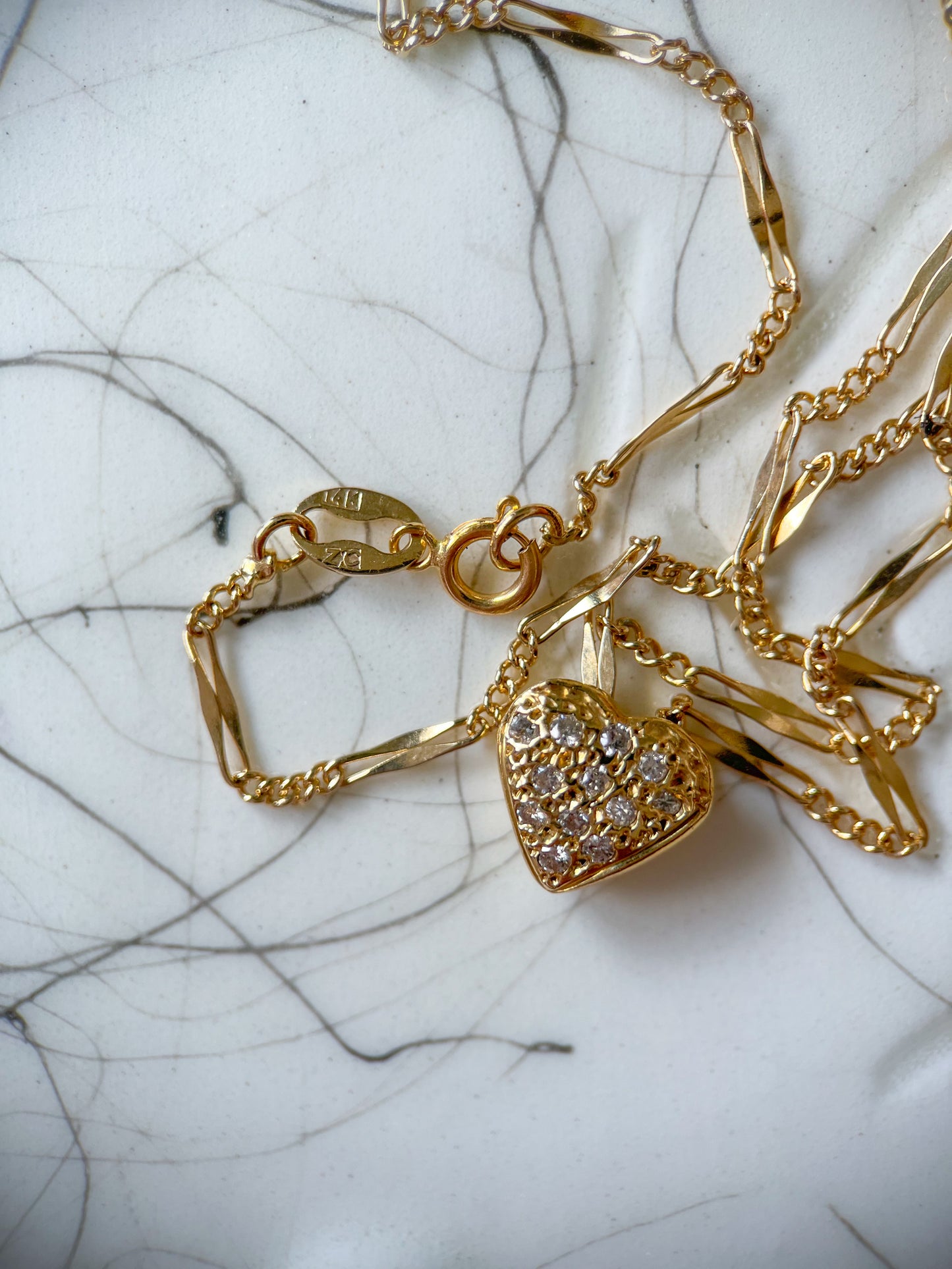 Vintage Heart Natural Diamond 14k Yellow Gold Charm on Chain