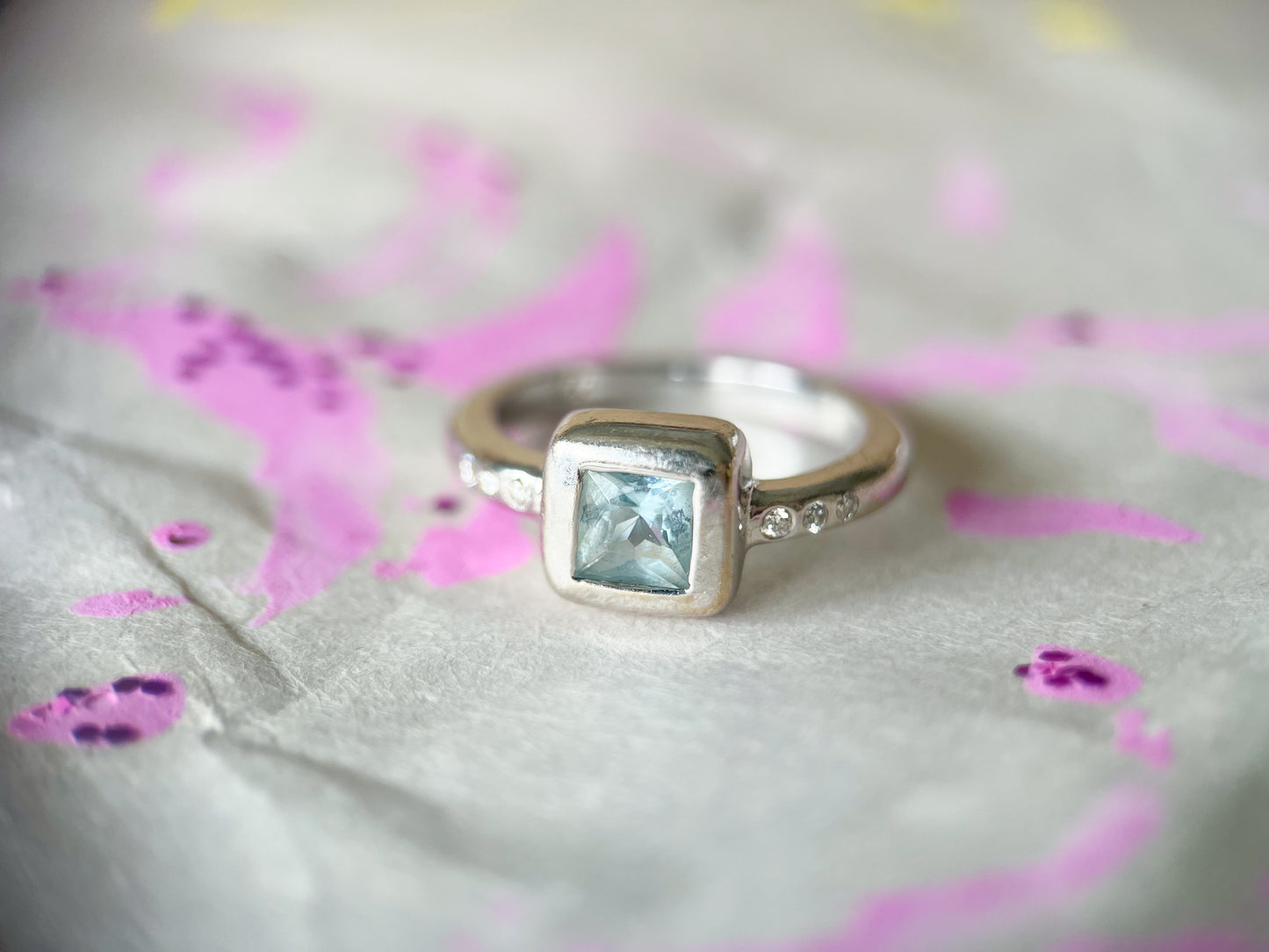 Vintage Natural Aquamarine and Diamond 14k White Gold Ring