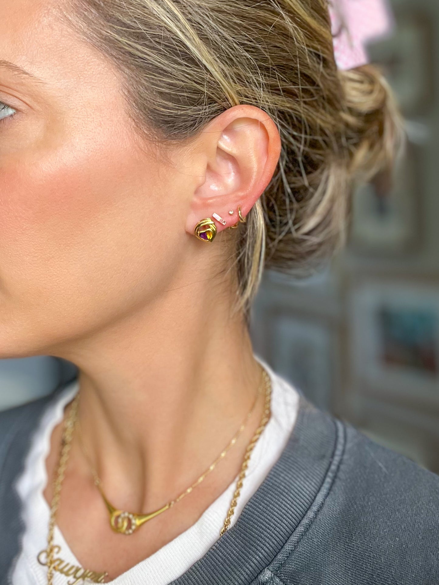 Vintage Natural Amethyst and Natural Citrine Heart Shaped Stud Earrings, circa 1990s