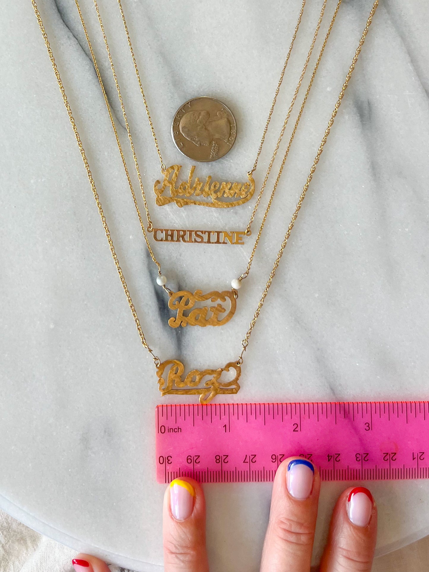 Vintage Name Plate Necklaces - "Adrienne", "Christine", "Pat", "Roz" - 14k Yellow Gold Charms