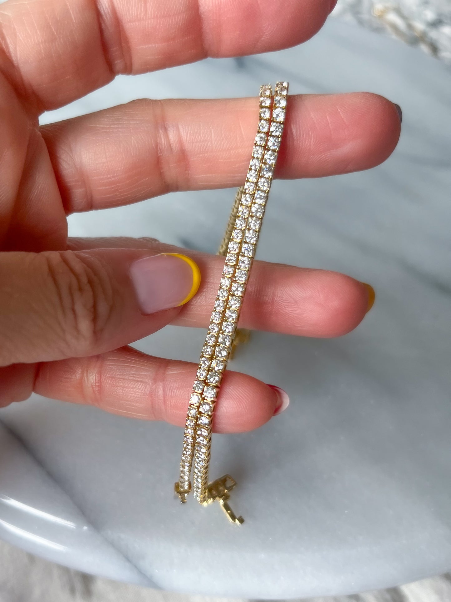 Lab Grown Diamond Tennis Bracelet set in 14k Yellow Gold, 7 Inches - Two Diamond Total Weights