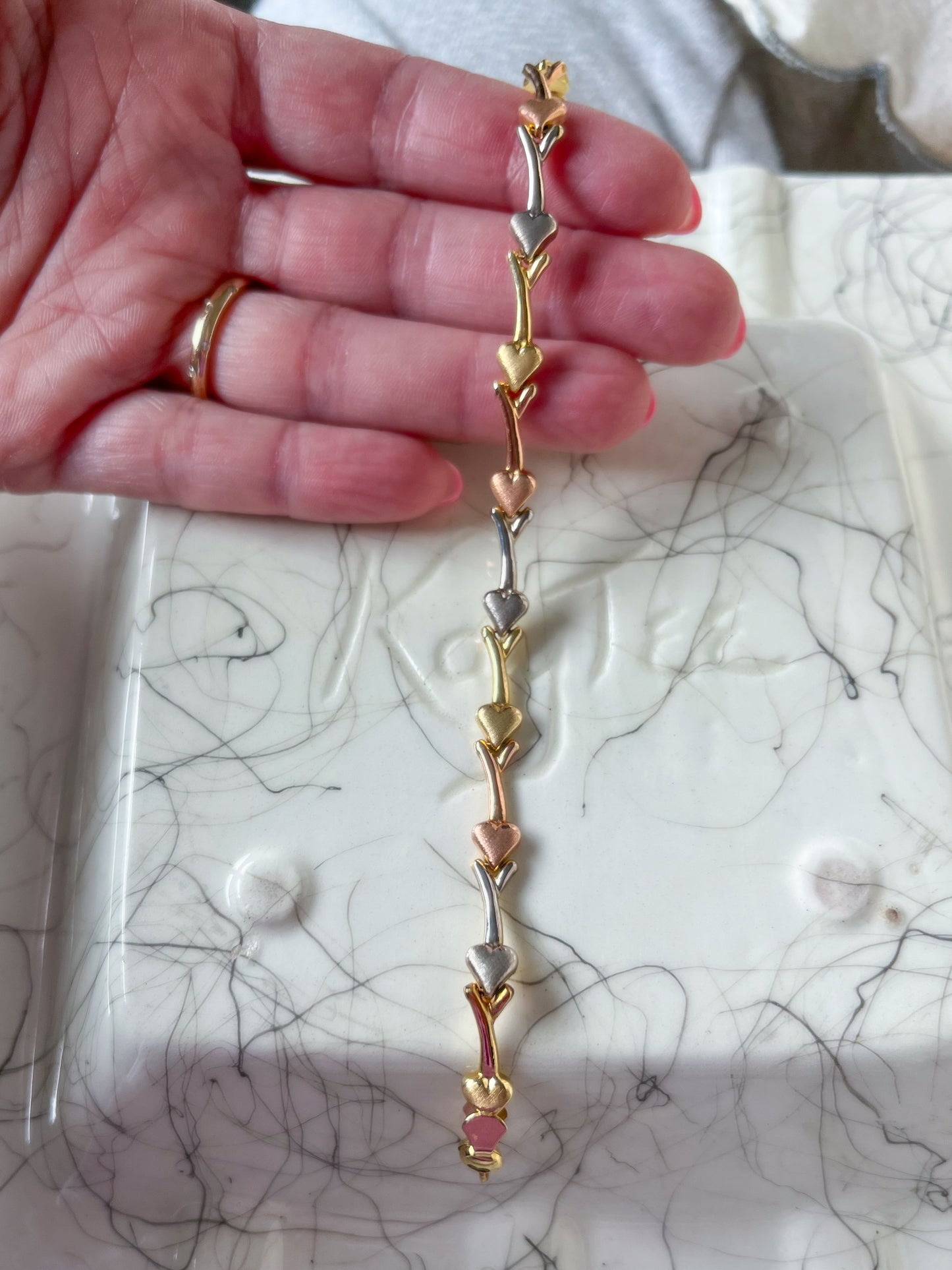 Tri Color White, Rose, Yellow Gold Heart 7.5 Inch Bracelet