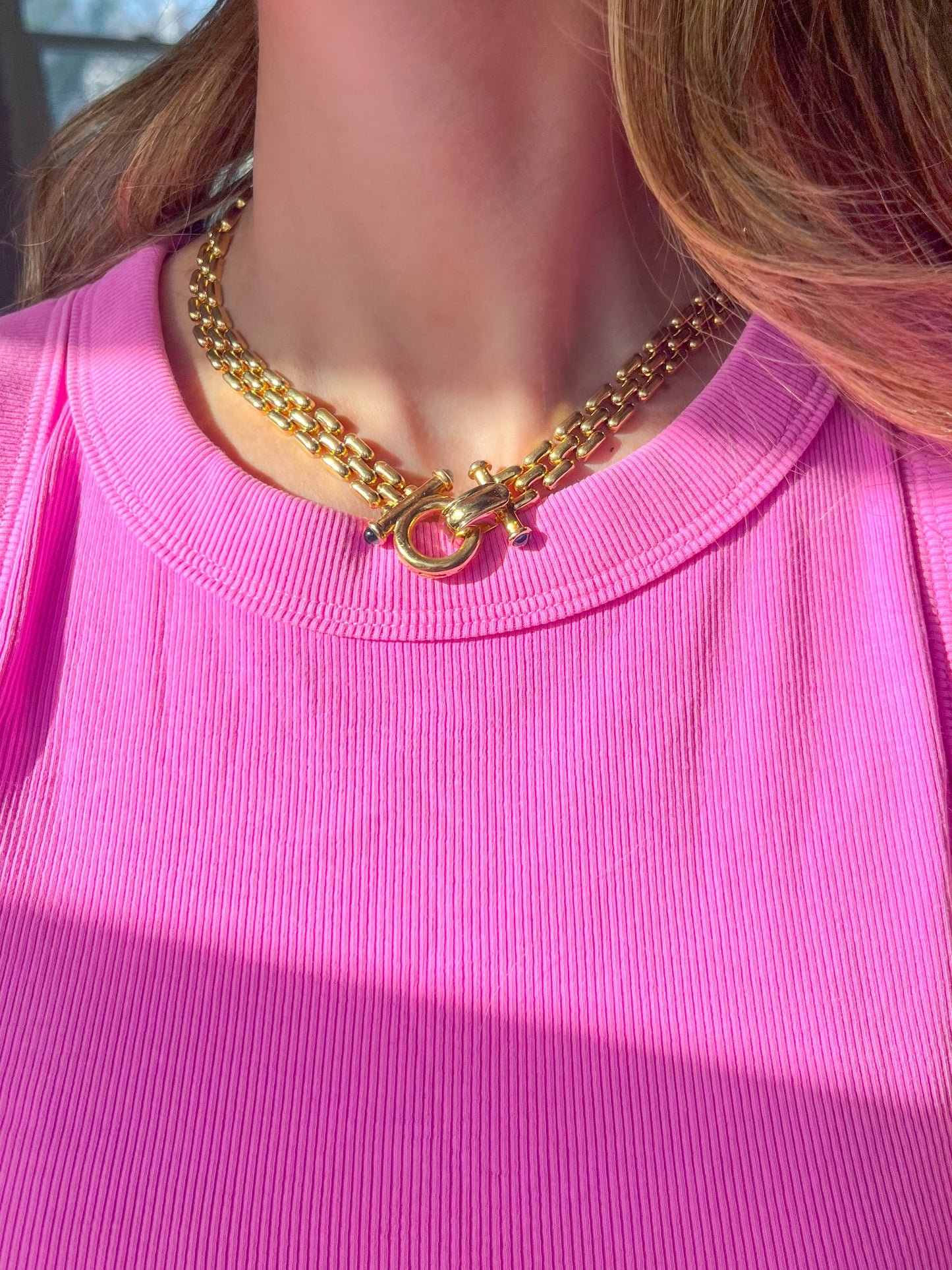 Vintage Panther Link 14k Yellow Gold Necklace with Sapphire Cabochon Toggle