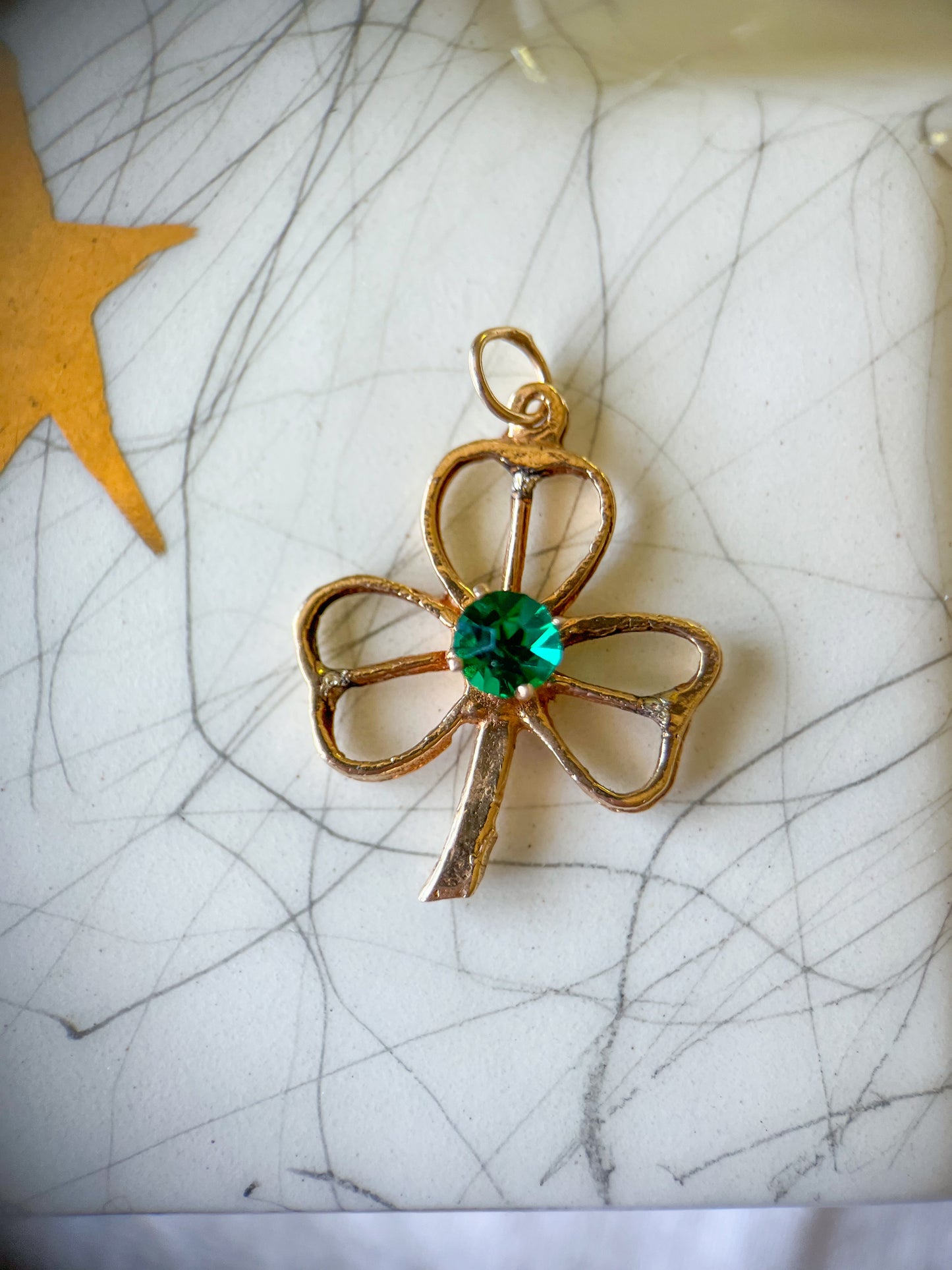 Vintage 3 Leaf Clover with Synthetic Emerald 14k Yellow Gold Charm