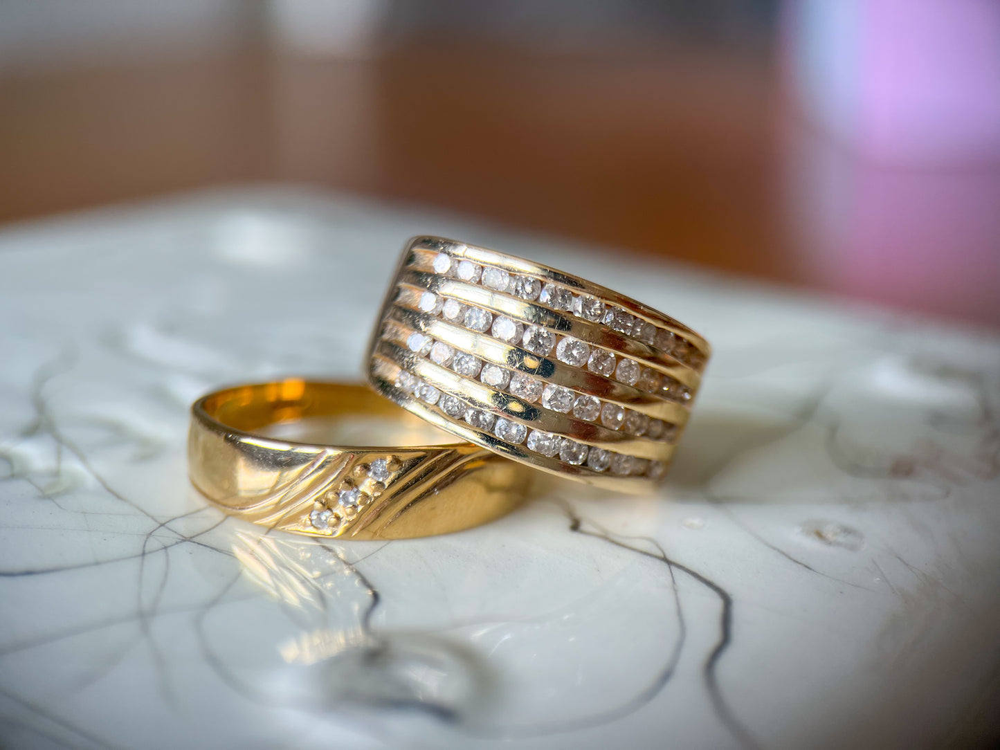 Vintage Natural Diamond 14k Yellow Gold Thick Ring