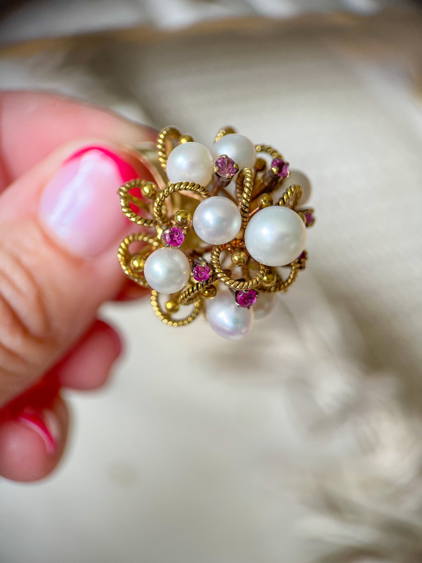 Vintage Cocktail Ring with Pearls and Rubies set in 14k Yellow Gold