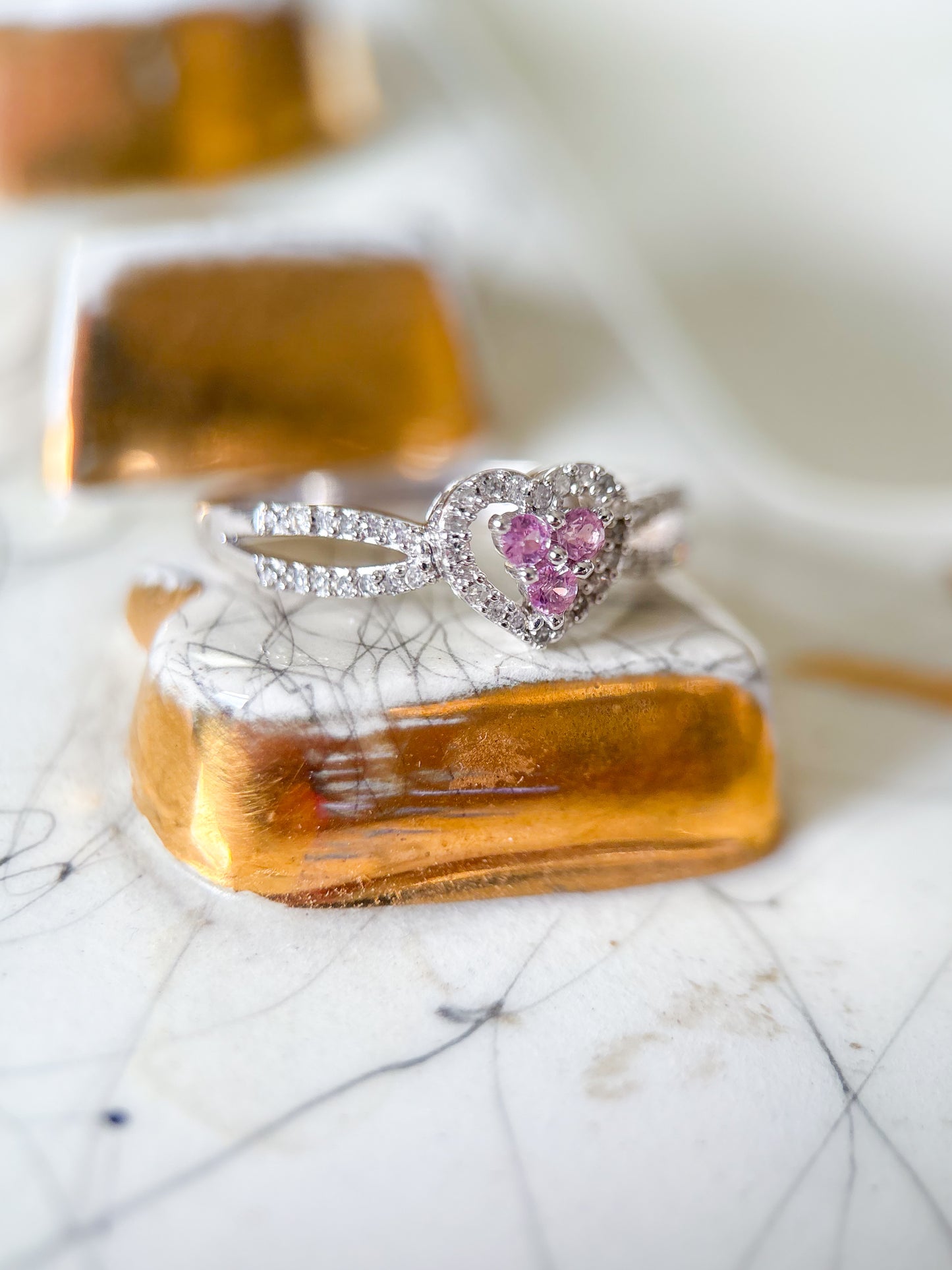 Vintage Natural Diamond and Synthetic Pink Topaz Heart 14k White Gold Ring