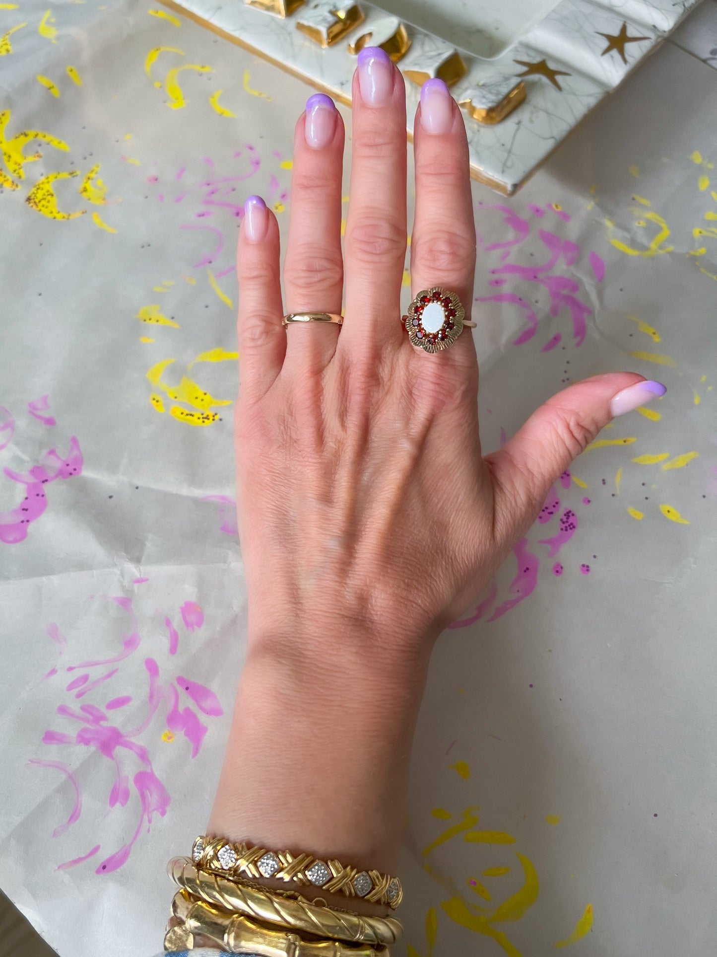 Vintage Natural Opal and Garnet 10k Yellow Gold Siffari Ring