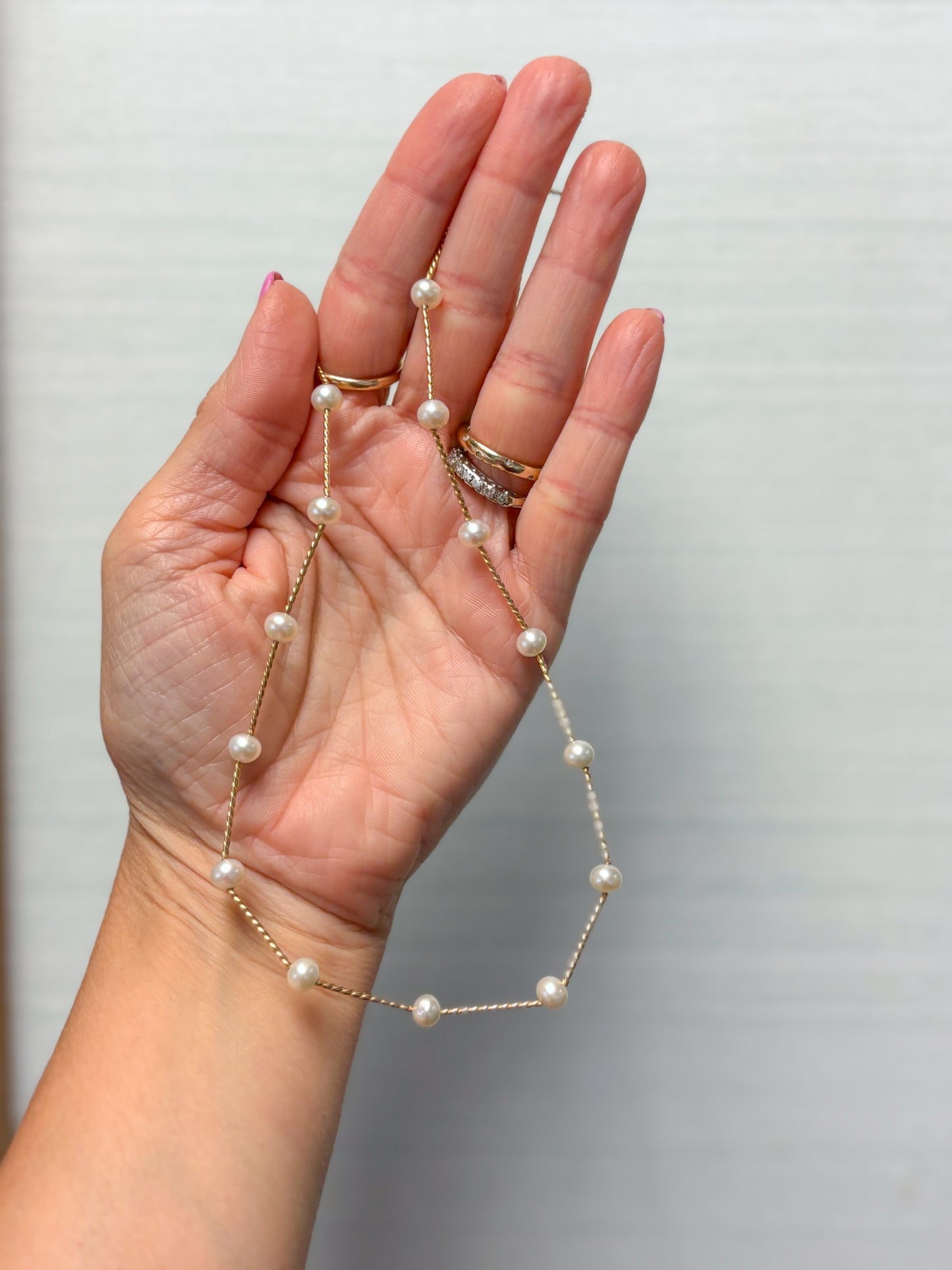 Vintage Natural Pearl 14k Yellow Gold 15.5 Inch Bar Chain Necklace