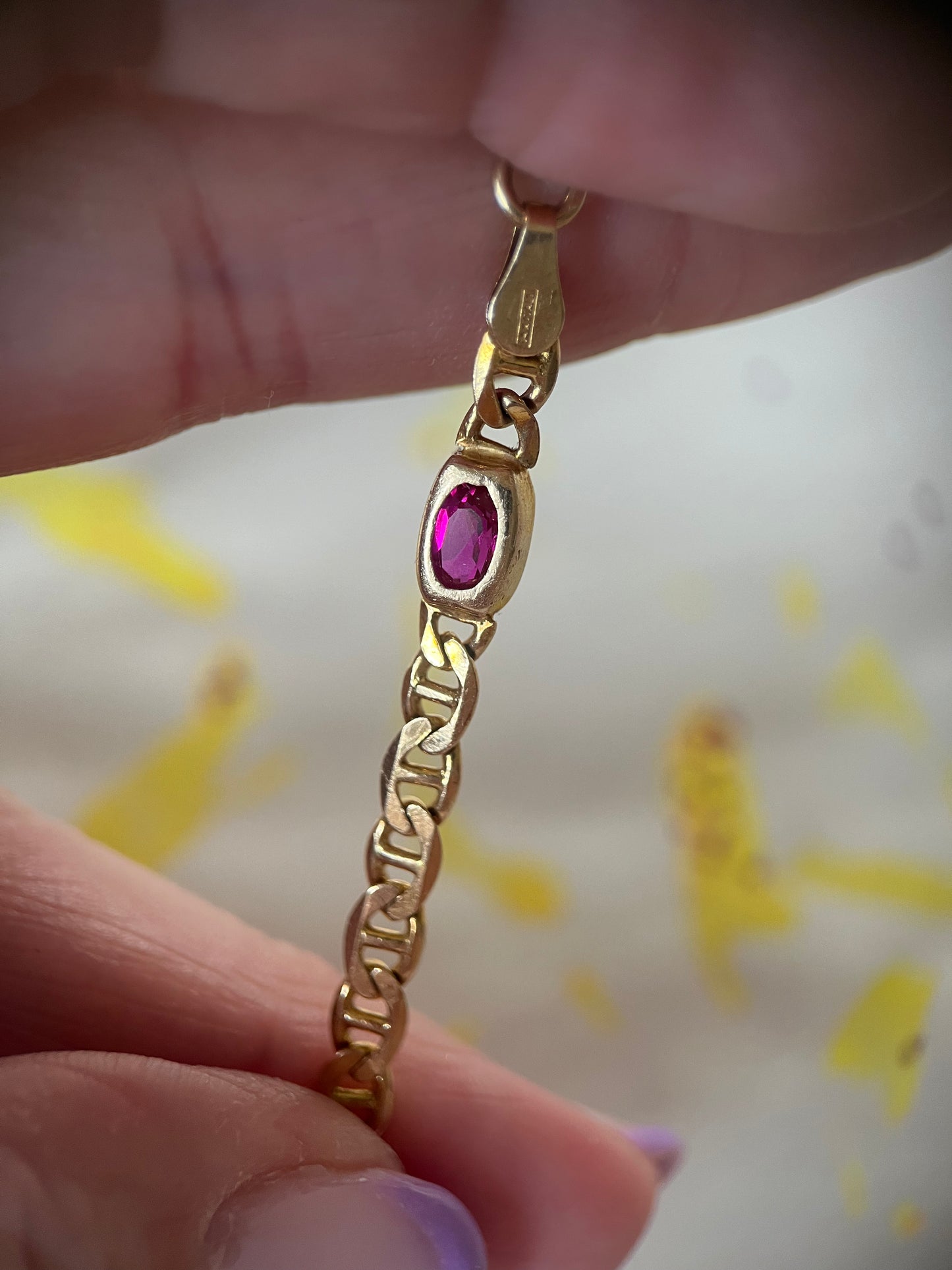 Vintage Multi Gemstone (Synthetic) 14k Yellow Gold Mariner Chain 8 Inch Bracelet