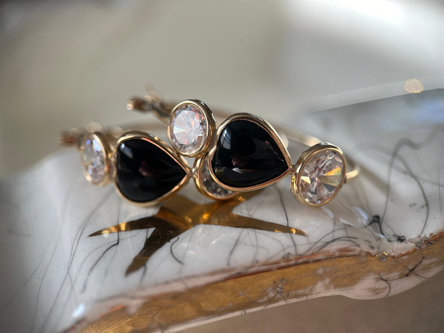 Vintage Onyx and CZ Three Stone Hoop Earrings