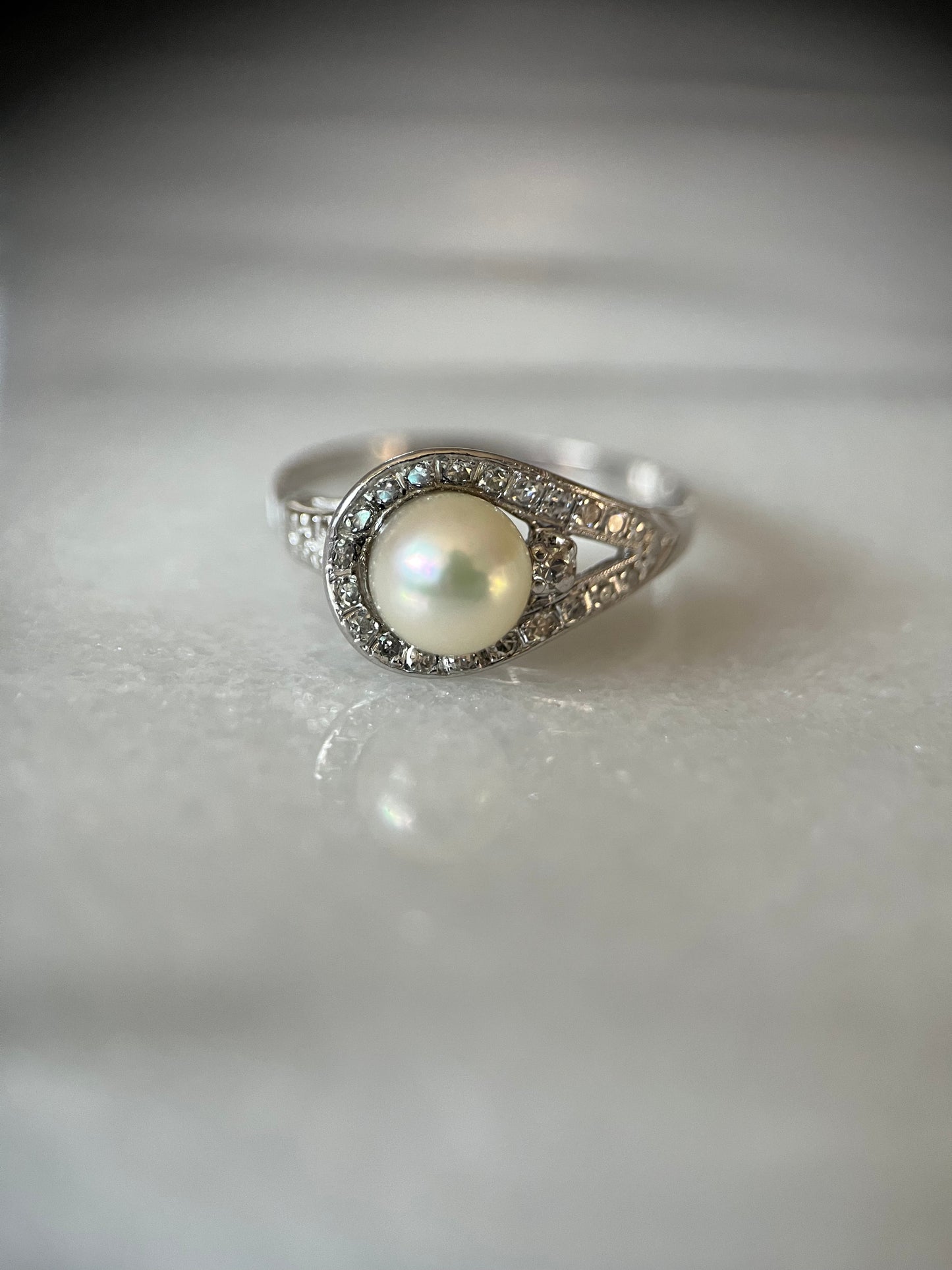 Vintage Natural Pearl and Natural Diamond 14k White Gold Statement Ring