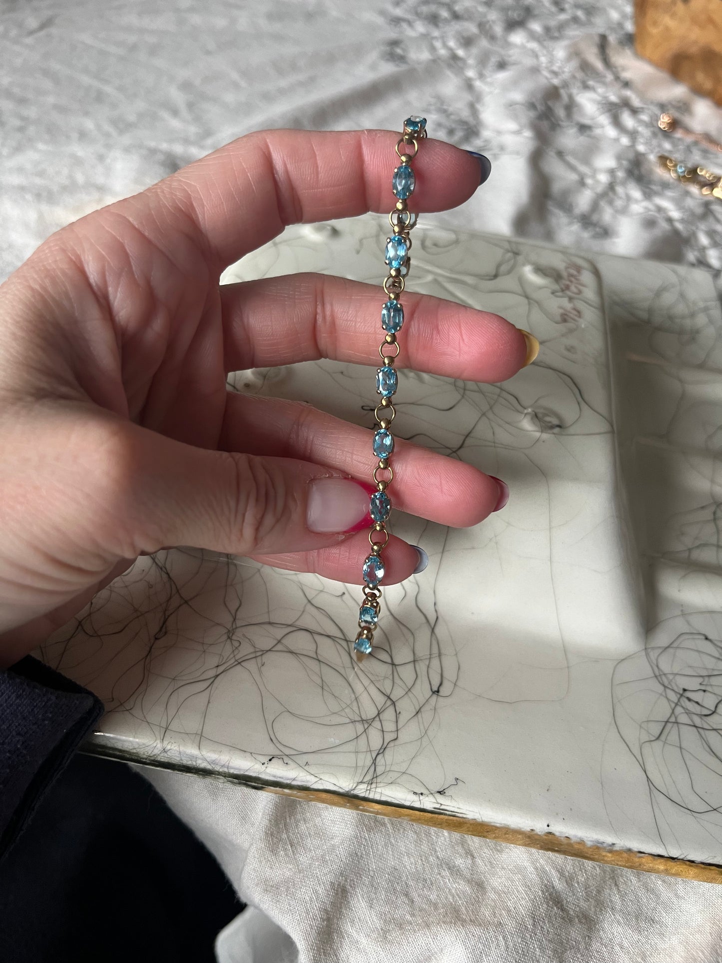 Vintage Aquamarine 10k Yellow Gold 7 Inch Bracelet