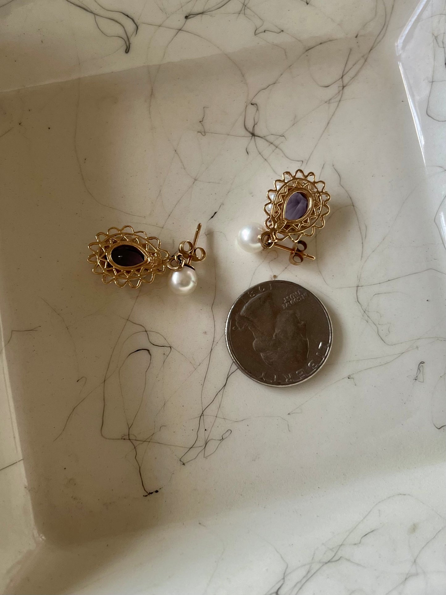Vintage Natural Amethyst and Natural Pearl 14k Yellow Gold Stud Drop Earrings