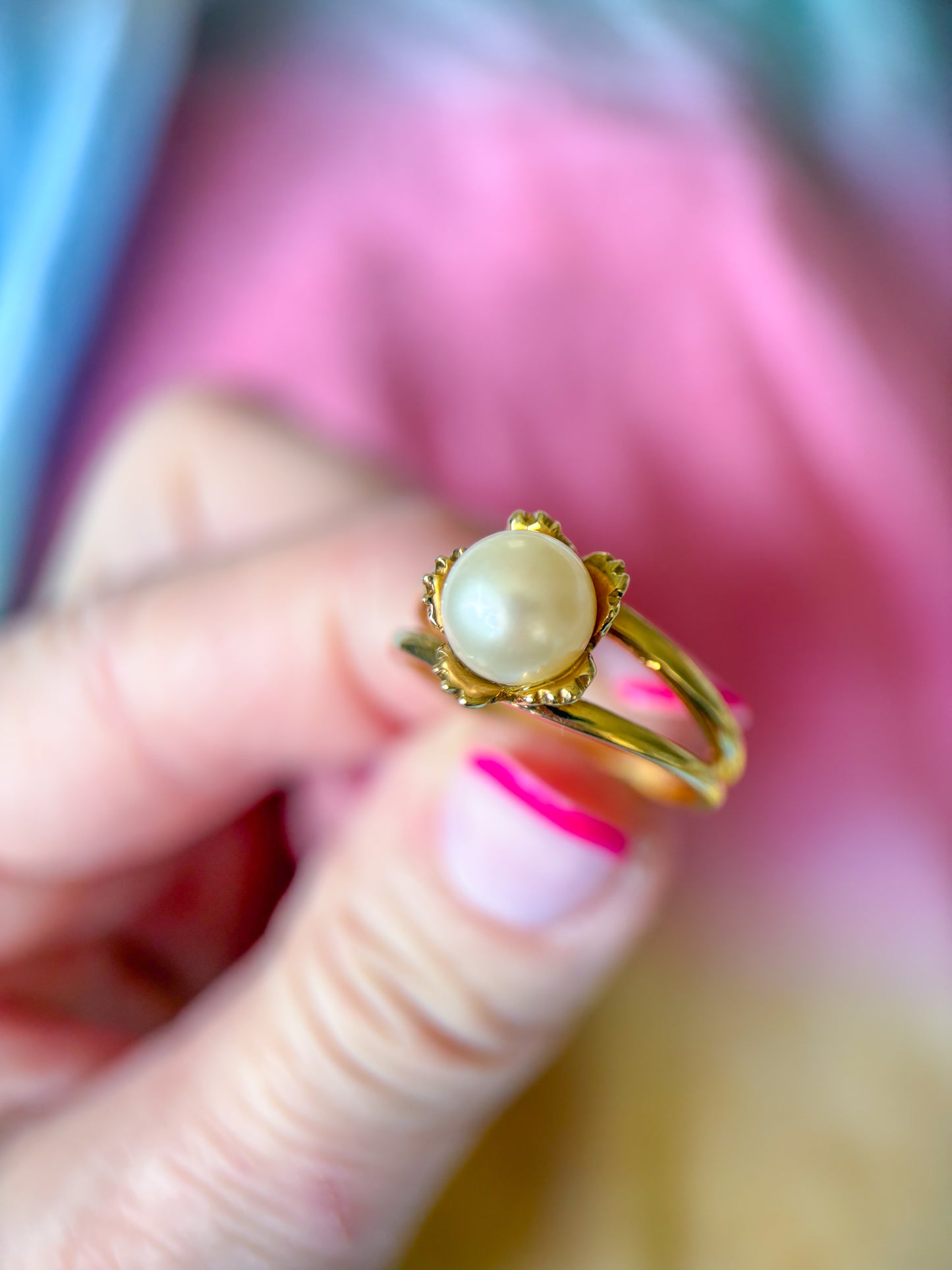 Vintage Natural Pearl 14k Yellow Gold Double Shank Ring