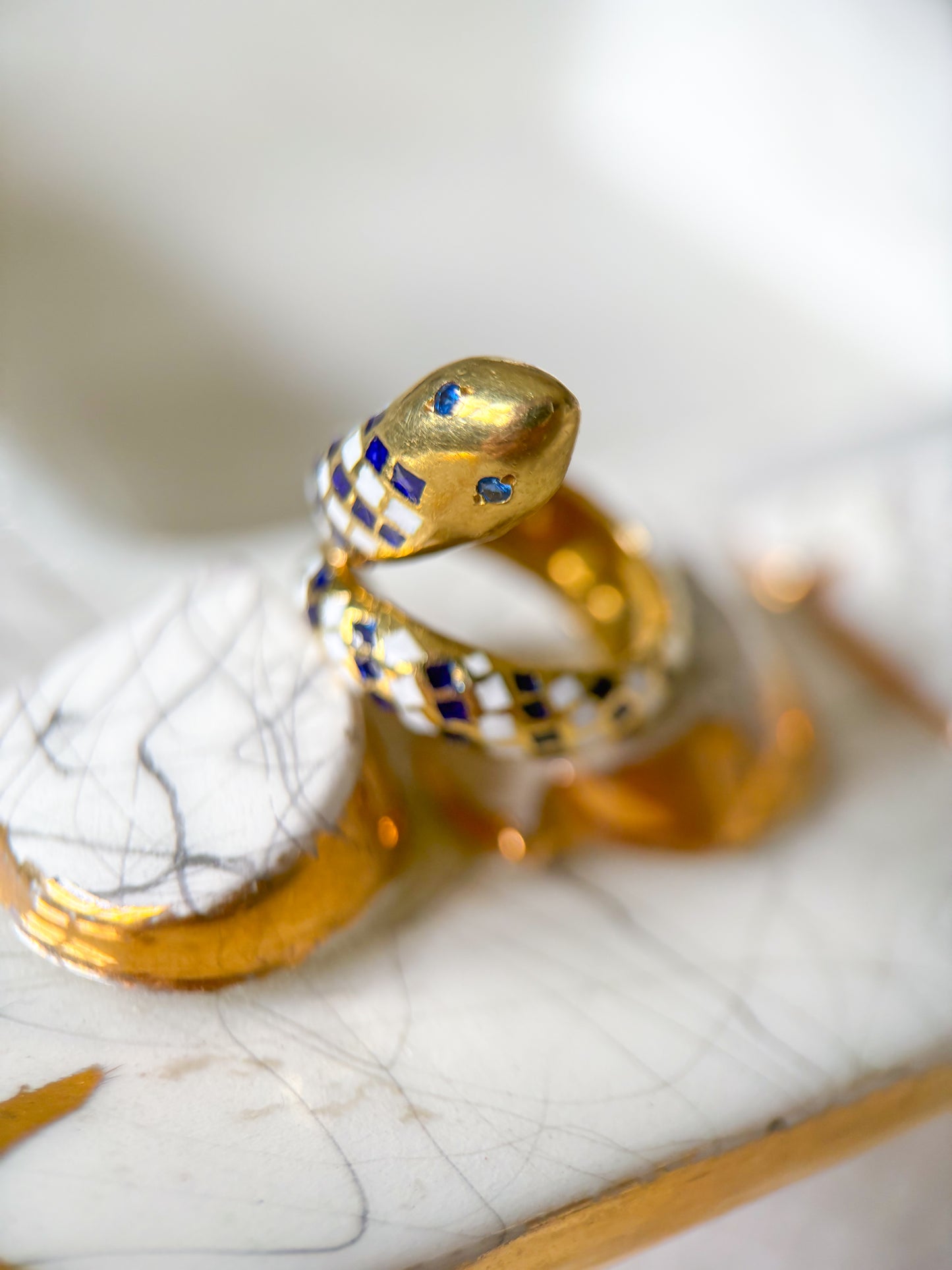 Vintage Enamel and Natural Sapphire 18k Yellow Gold Snake Ring, Size 3 1/4, circa 1960s